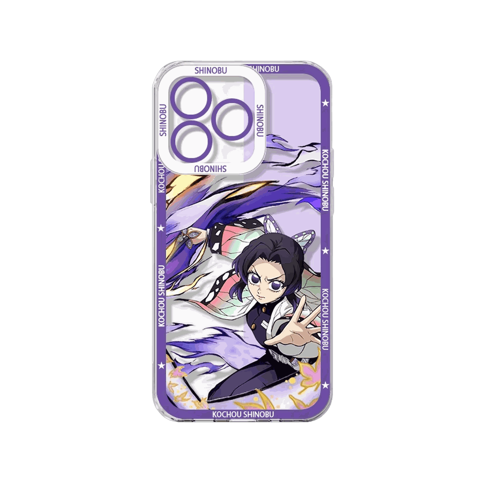 Coque iPhone Demon Slayer illustrant Kocho Shinobu sur un panneau violet