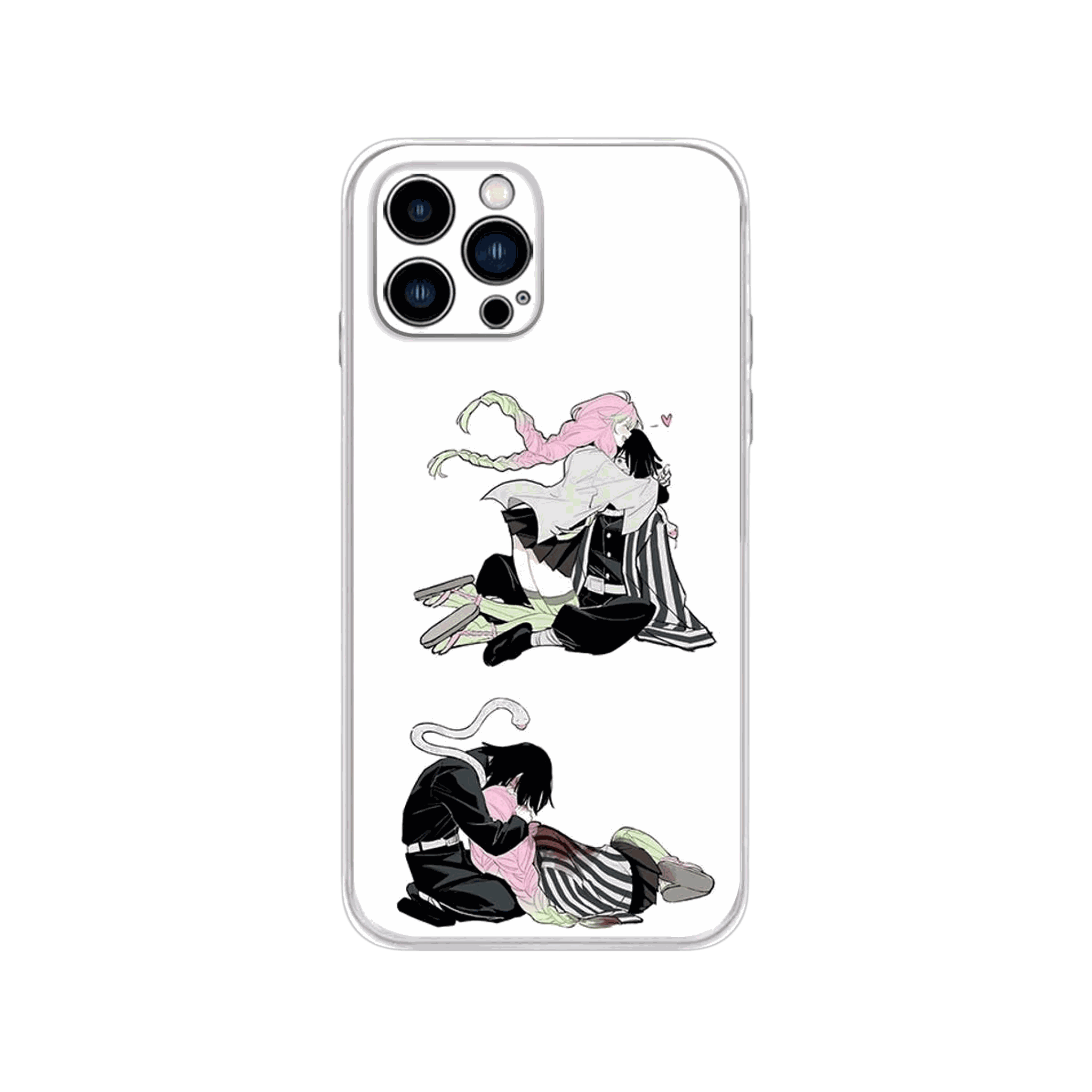 Coque iPhone Demon Slayer – Mitsuri et Obanai, Duo Dessiné, dominante blanc, touches rose et vert