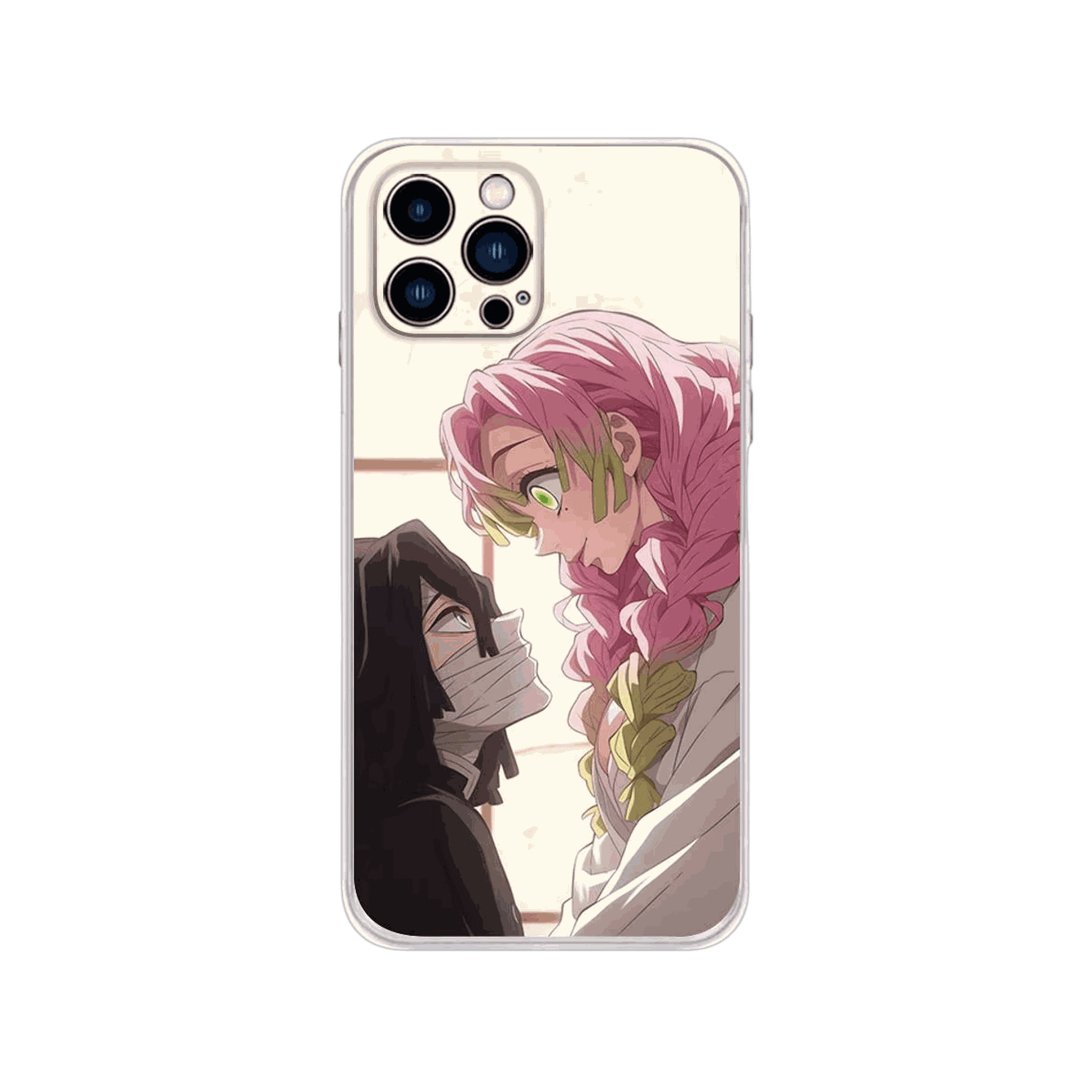 Coque iPhone Demon Slayer – Mitsuri et Obanai, Face à Face, dominante crème et rose tendre