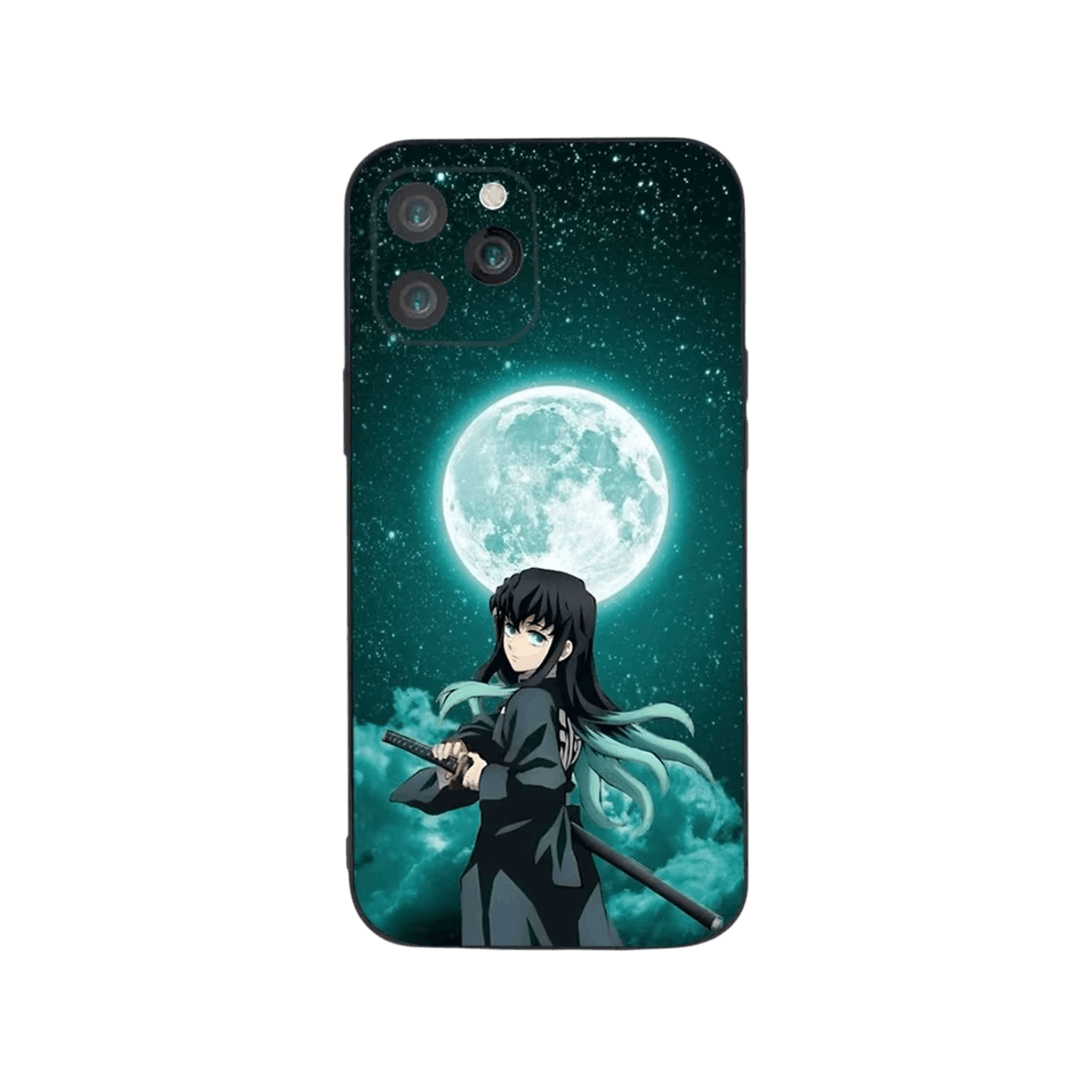 Coque iPhone Demon Slayer illustrant muichiro et la pleine lune en dominante vert nuit