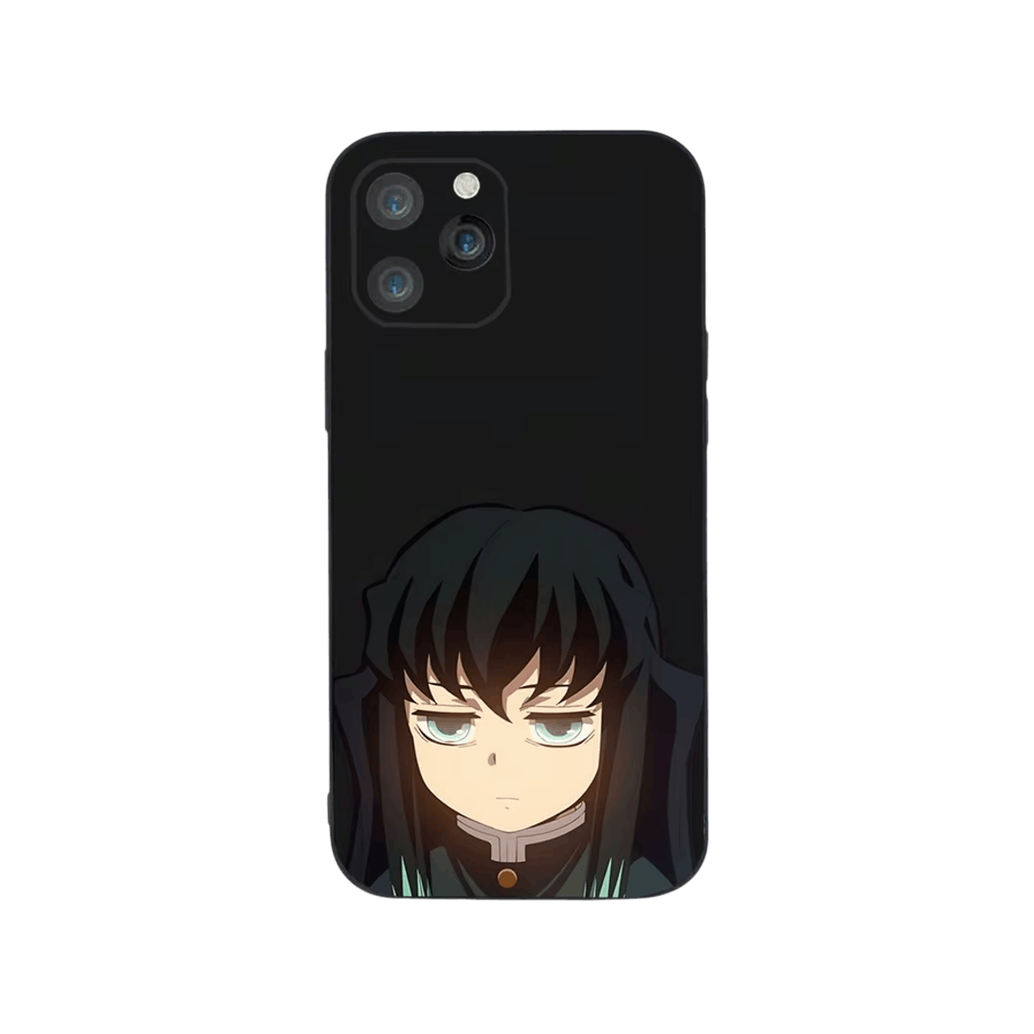 Coque iPhone Demon Slayer illustrant muichiro minimaliste en dominante noir