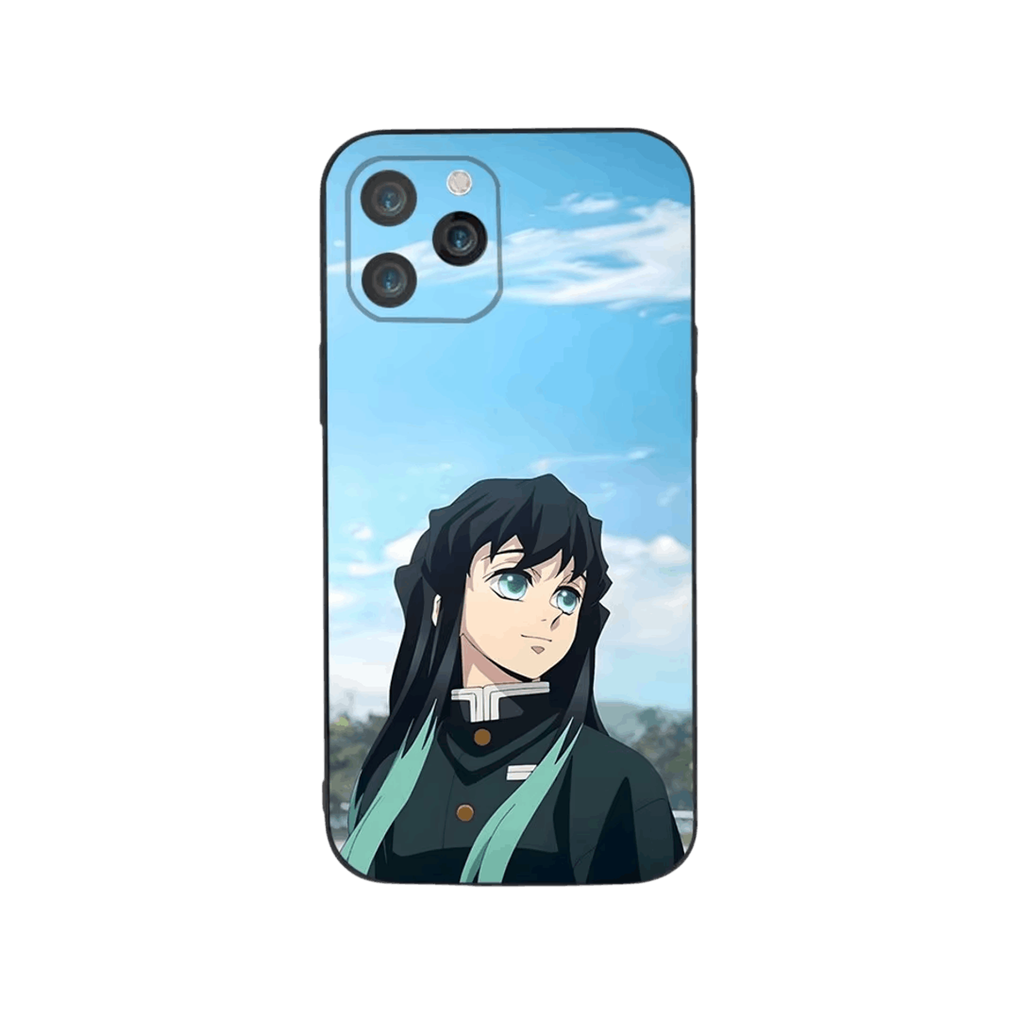 Coque iPhone Demon Slayer illustrant muichiro de profil en dominante bleu pâle