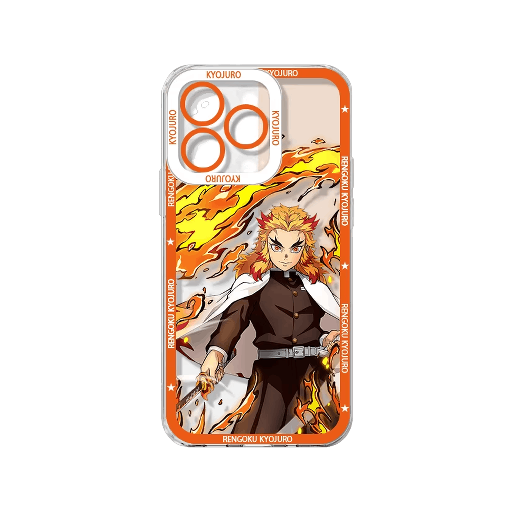 Coque iPhone Demon Slayer illustrant Rengoku Kyojuro sur un panneau orange