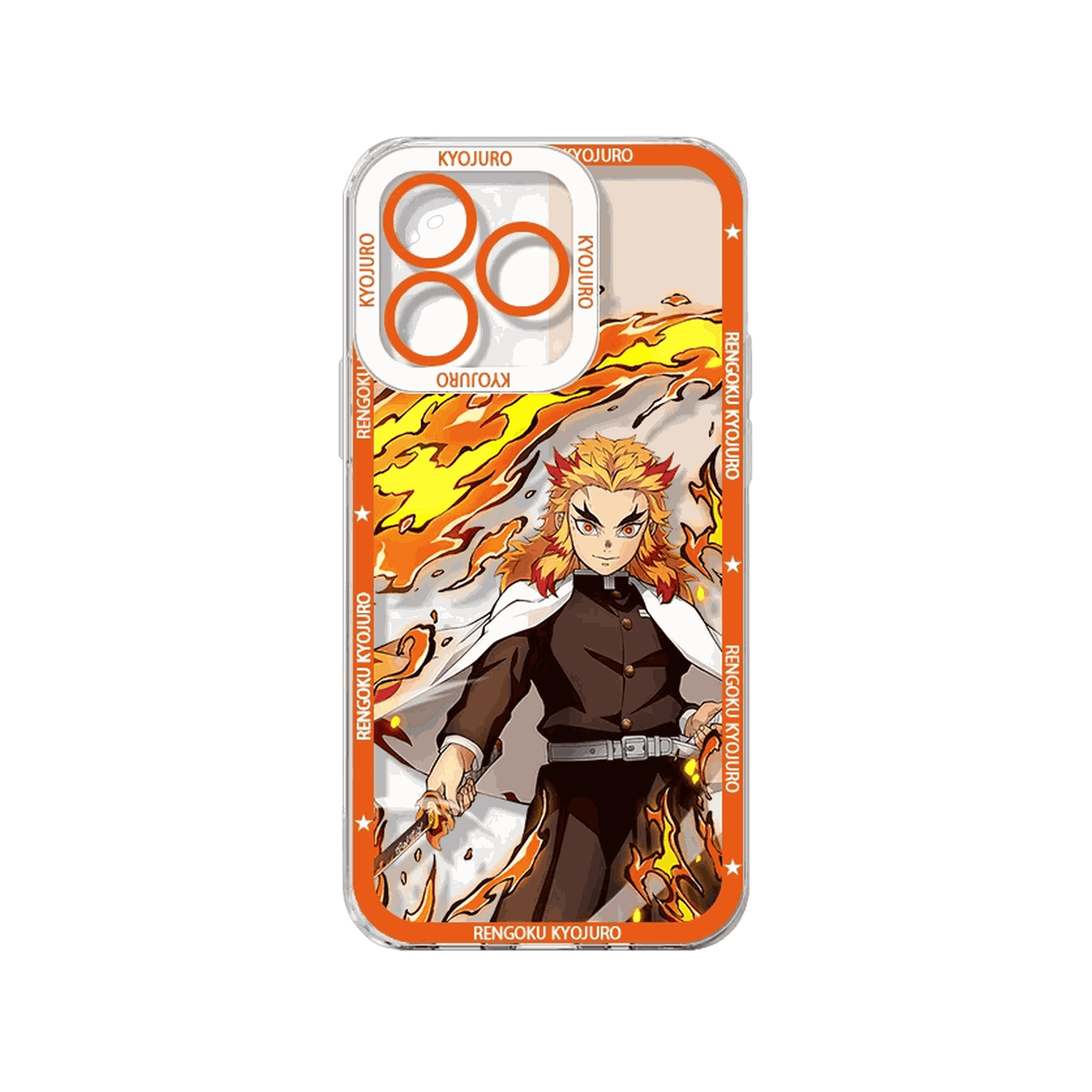 Coque iPhone Demon Slayer illustrant Rengoku Kyojuro sur un panneau orange