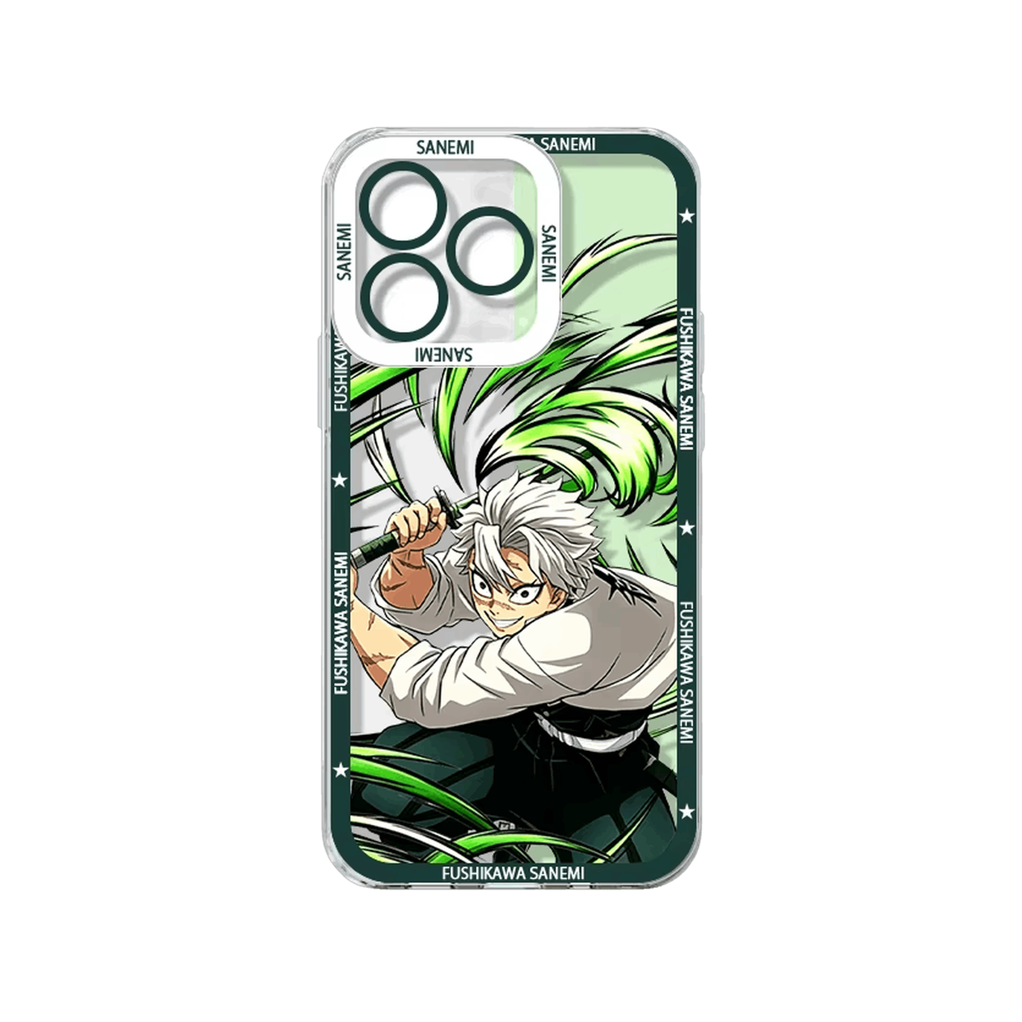 Coque iPhone Demon Slayer illustrant Shinazugawa Sanemi sur un panneau vert