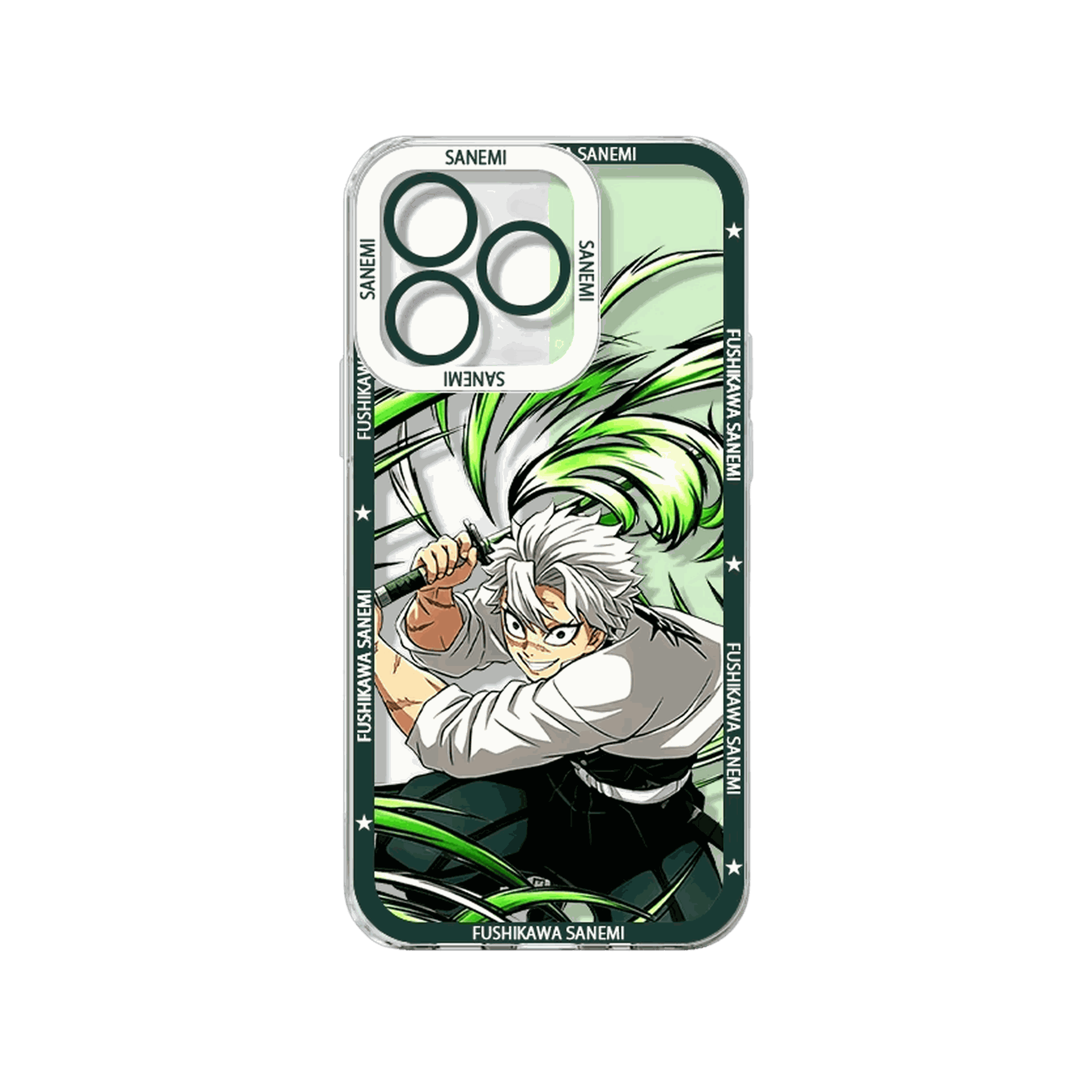 Coque iPhone Demon Slayer illustrant Shinazugawa Sanemi sur un panneau vert
