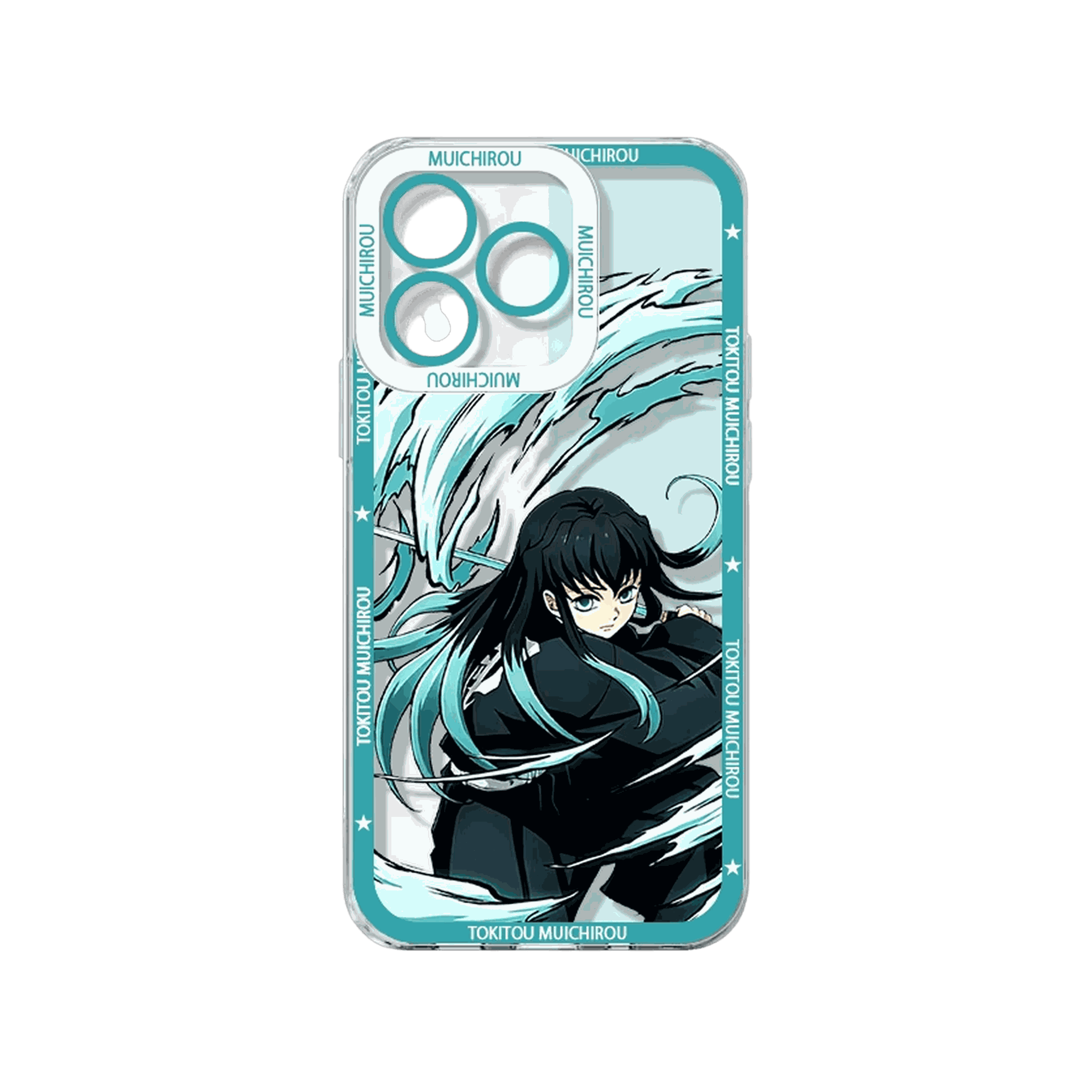 Coque iPhone Demon Slayer illustrant Tokito Muichiro sur un panneau turquoise