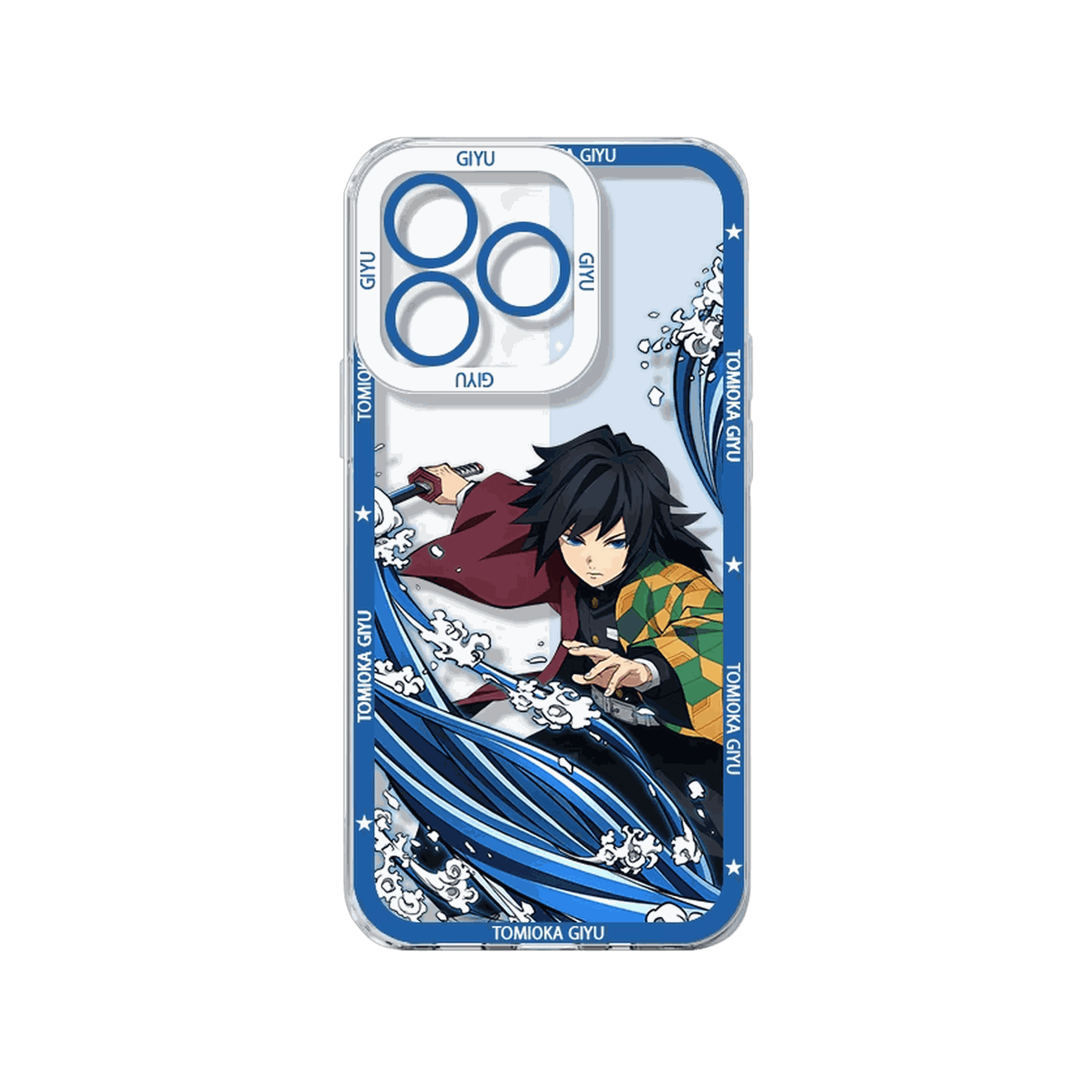 Coque iPhone Demon Slayer illustrant Tomioka Giyu sur un panneau bleu