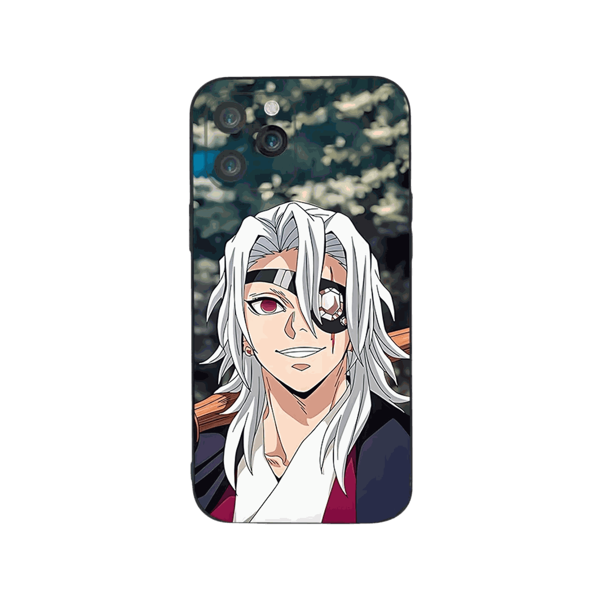 Coque iPhone Demon Slayer – Uzui, le Sourire Flamboyant, dominante blanc et vert sombre