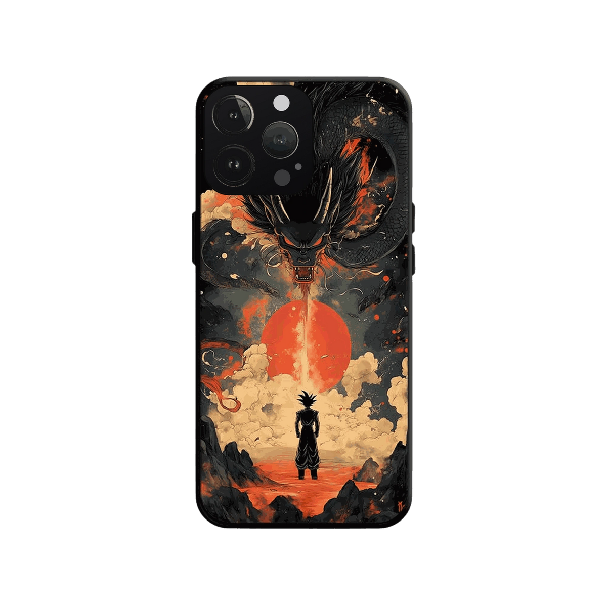 Coque iPhone Dragon Ball illustrant dragon sombre et soleil rouge en dominante noir et rouge