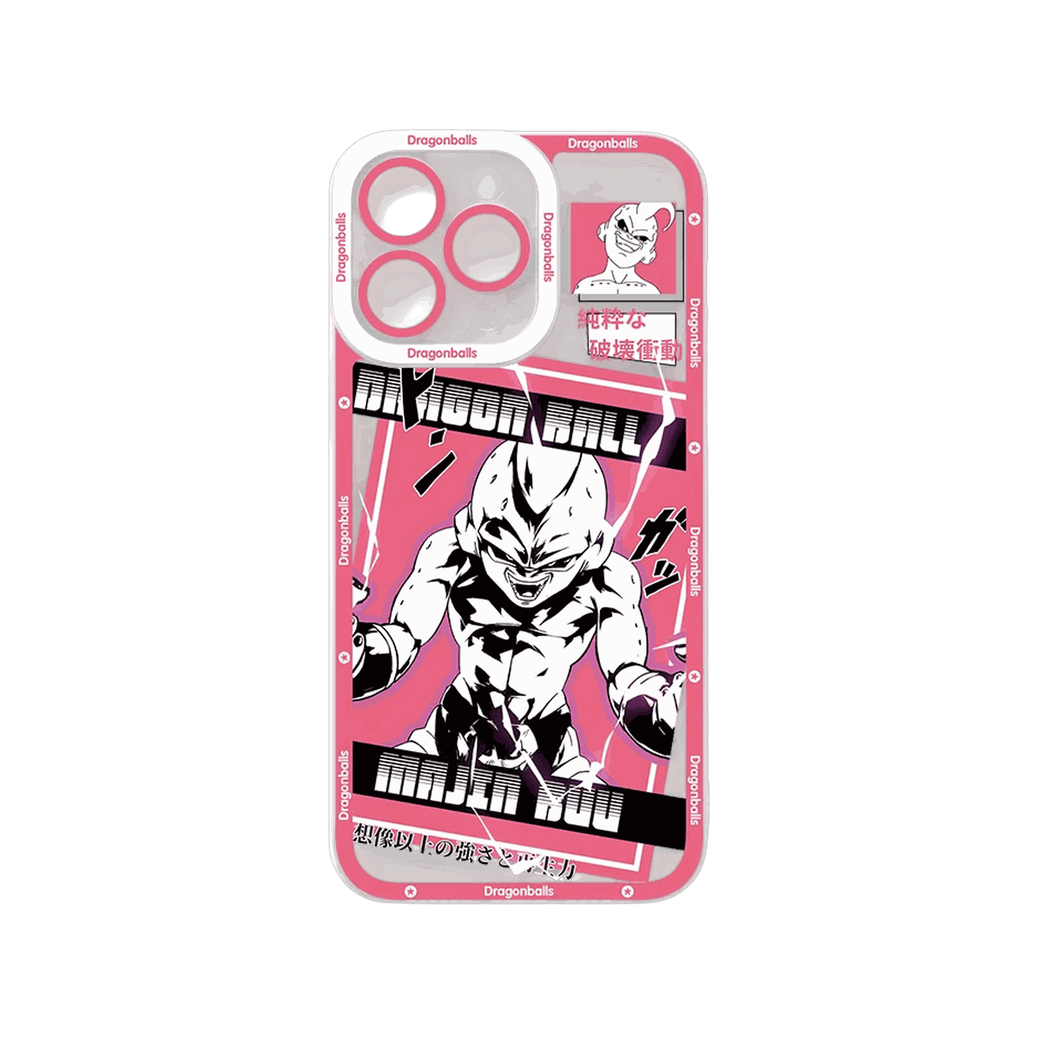 Coque iPhone Dragon Ball illustrant Majin Boo sur un panneau rose