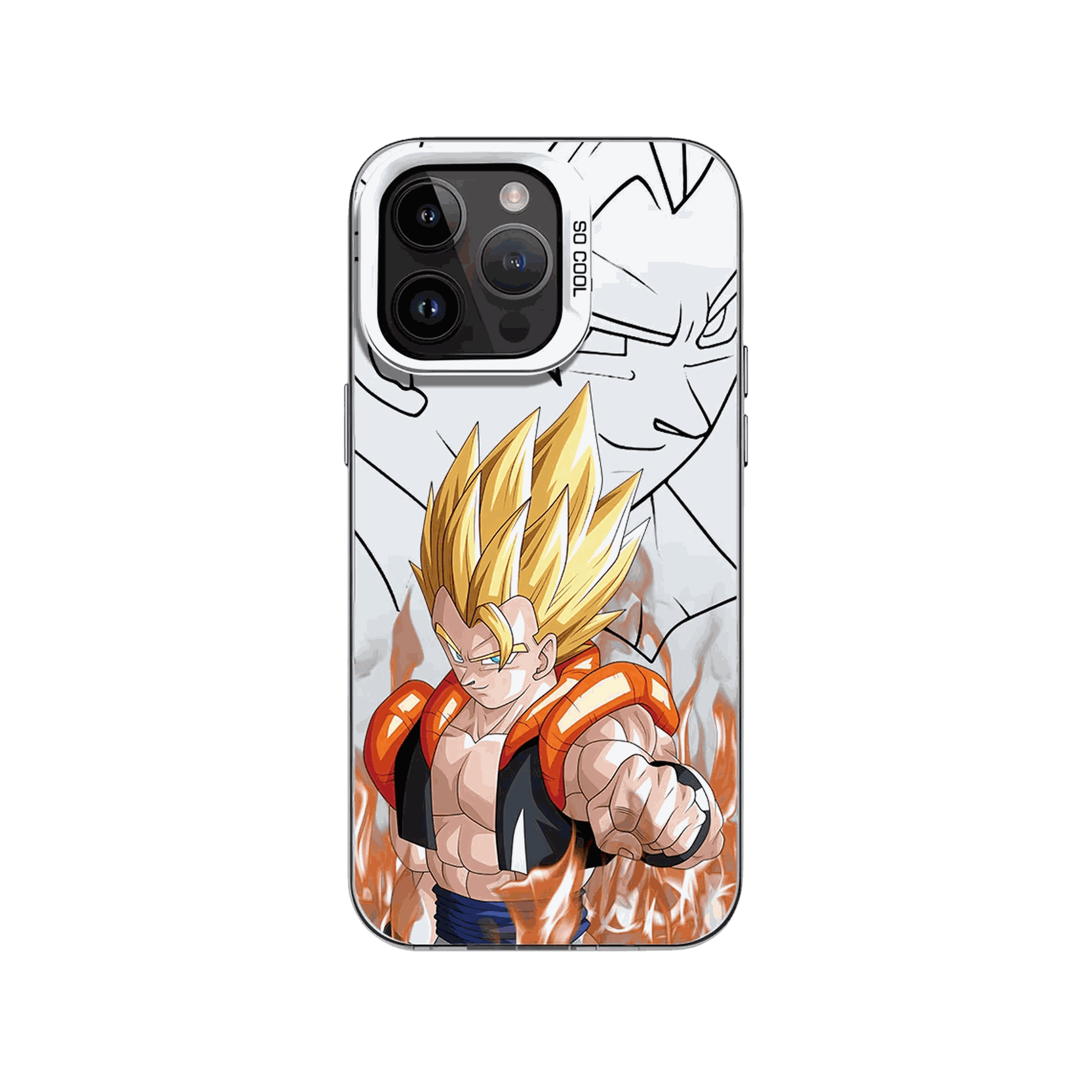 Coque iPhone Dragon Ball – Gogeta, Flammes du Combat, dominante blanche et orange
