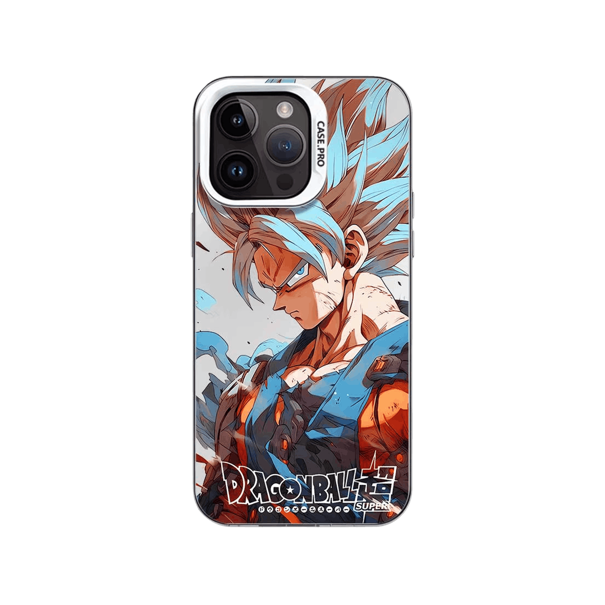 Coque iPhone Dragon Ball illustrant goku super saiyan blue en dominante bleu et orange