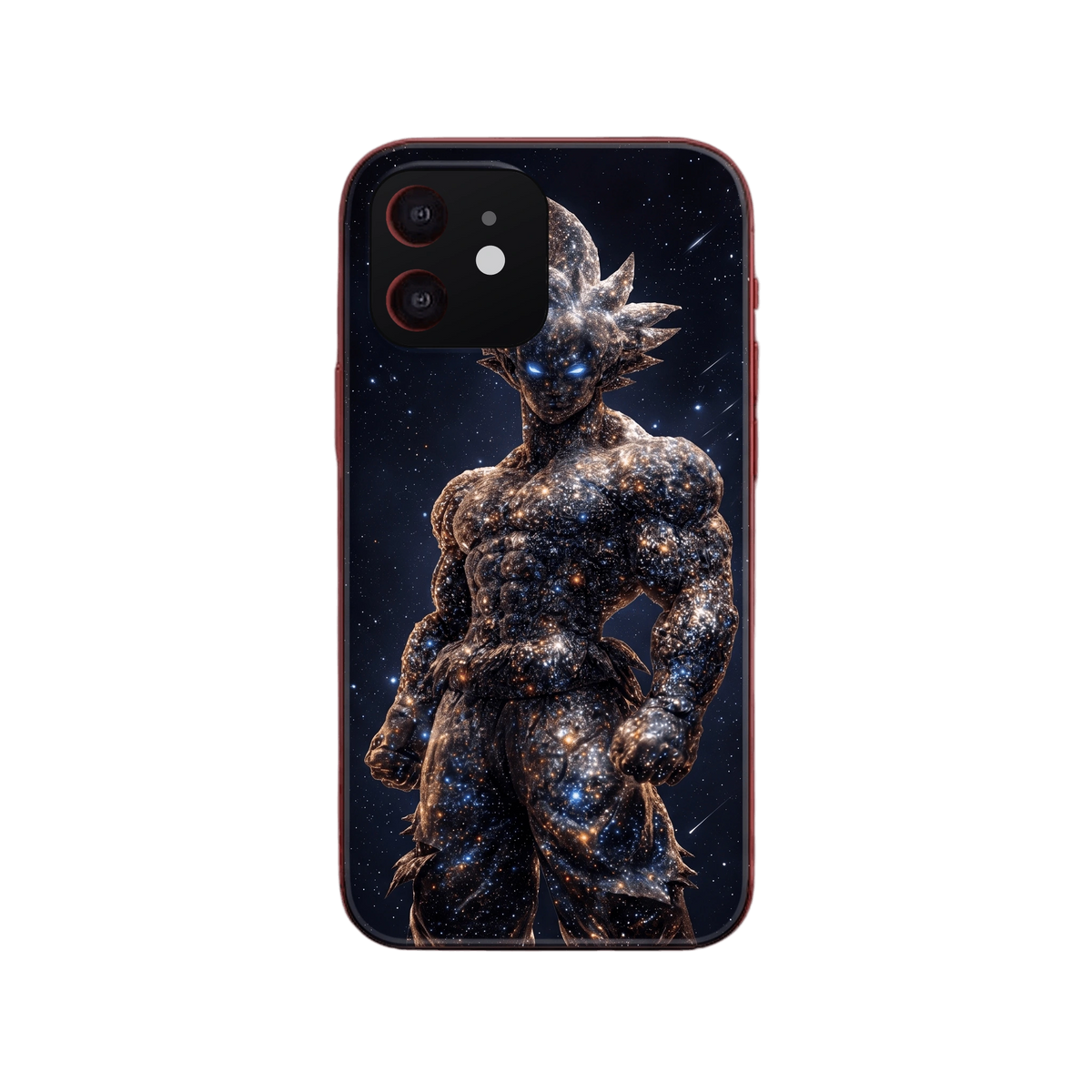 Coque iPhone Dragon Ball illustrant Goku dont le corps est composé d'étoiles, sur un fond de galaxie