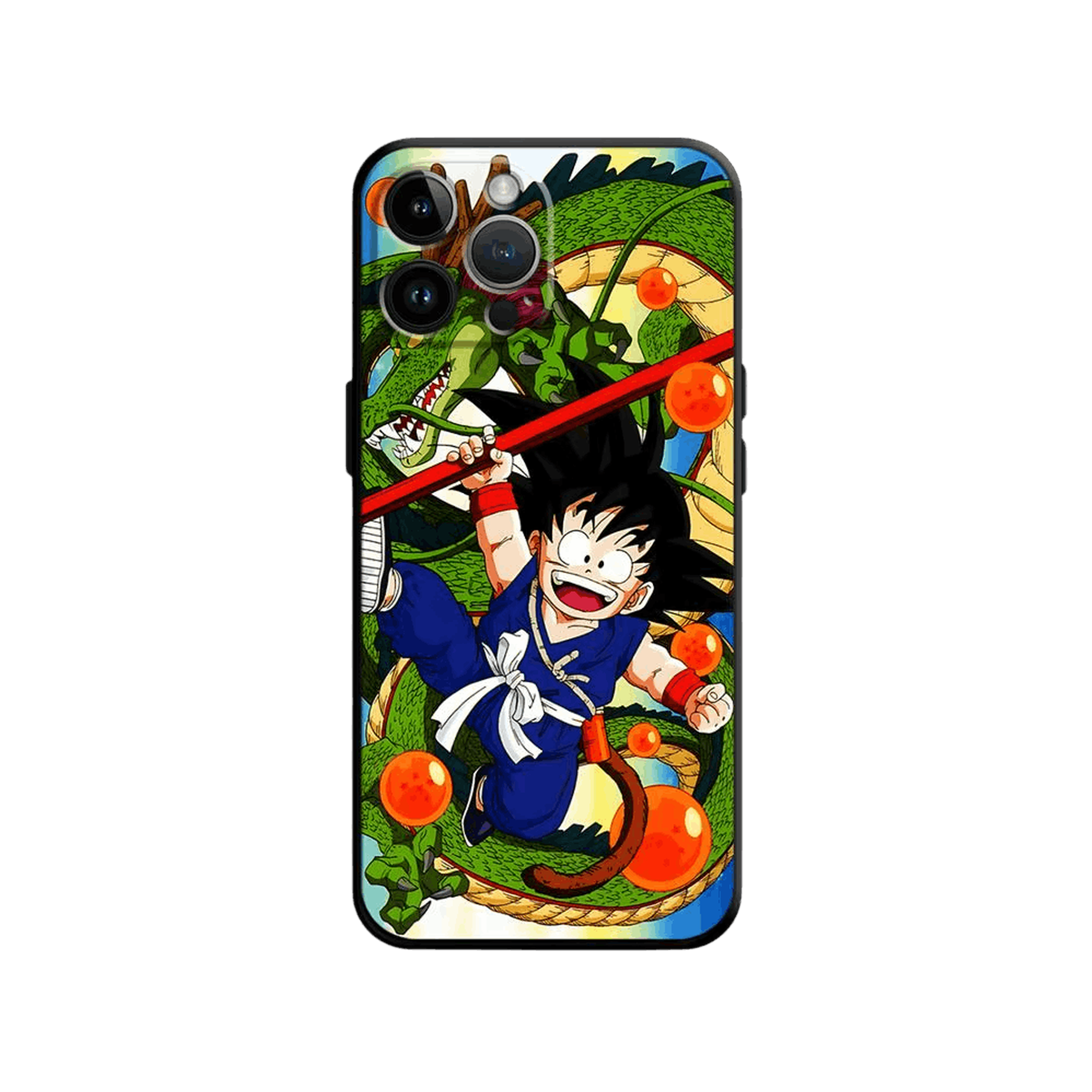 Coque iPhone Dragon Ball illustrant goku enfant et shenron en dominante coloré