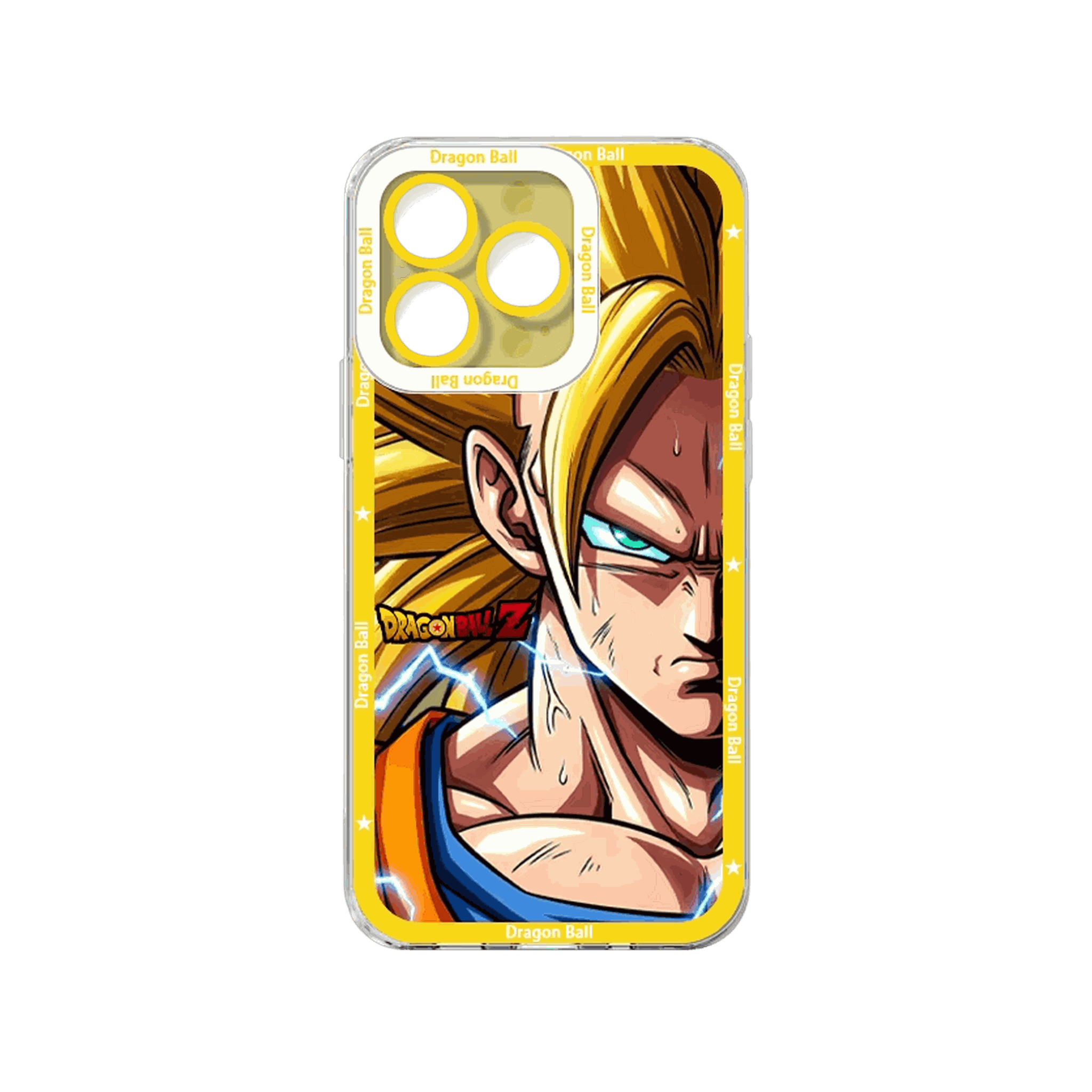 Coque iPhone Dragon Ball illustrant Goku Super Saiyan 3 sur un panneau or