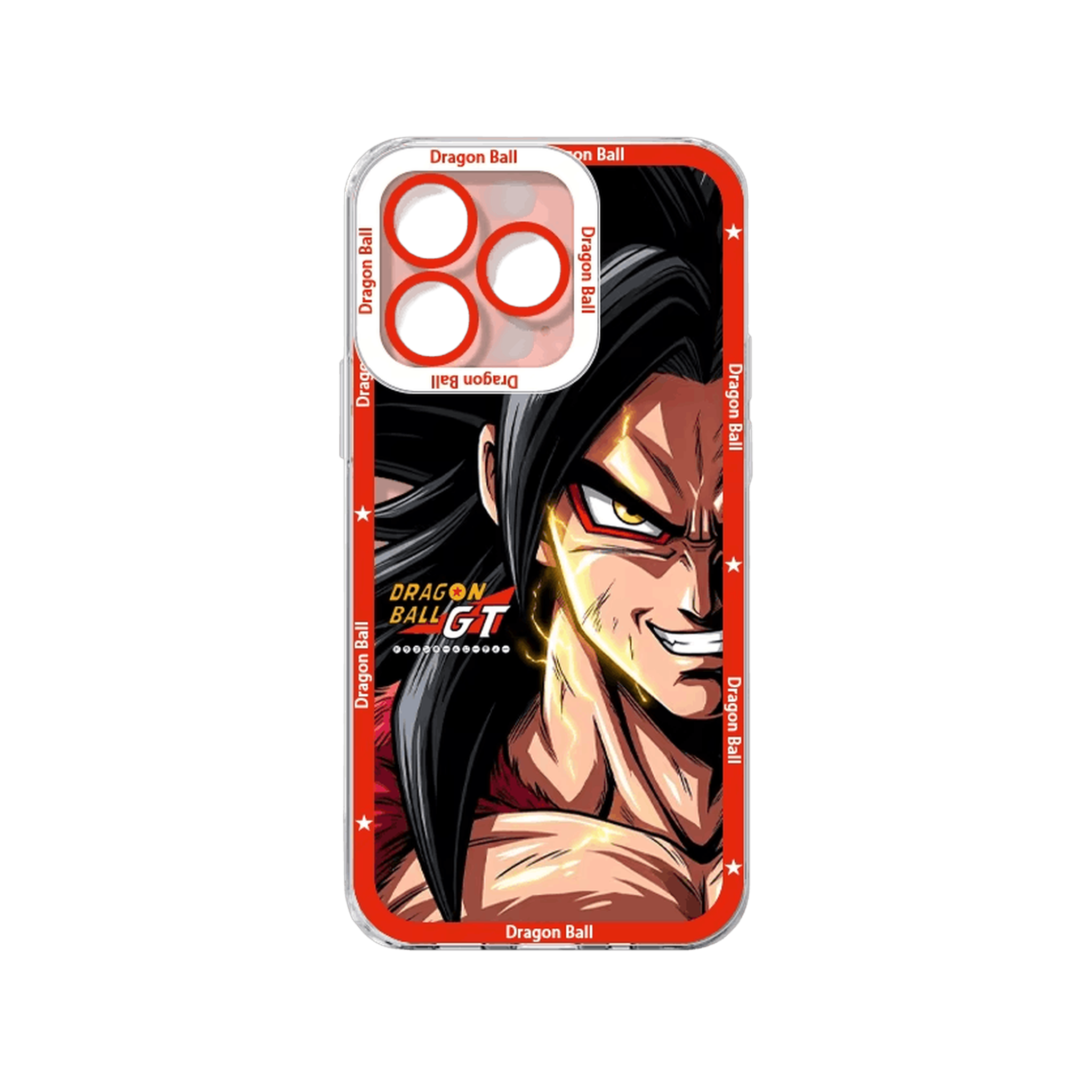 Coque iPhone Dragon Ball illustrant Goku Super Saiyan 4 sur un panneau rouge