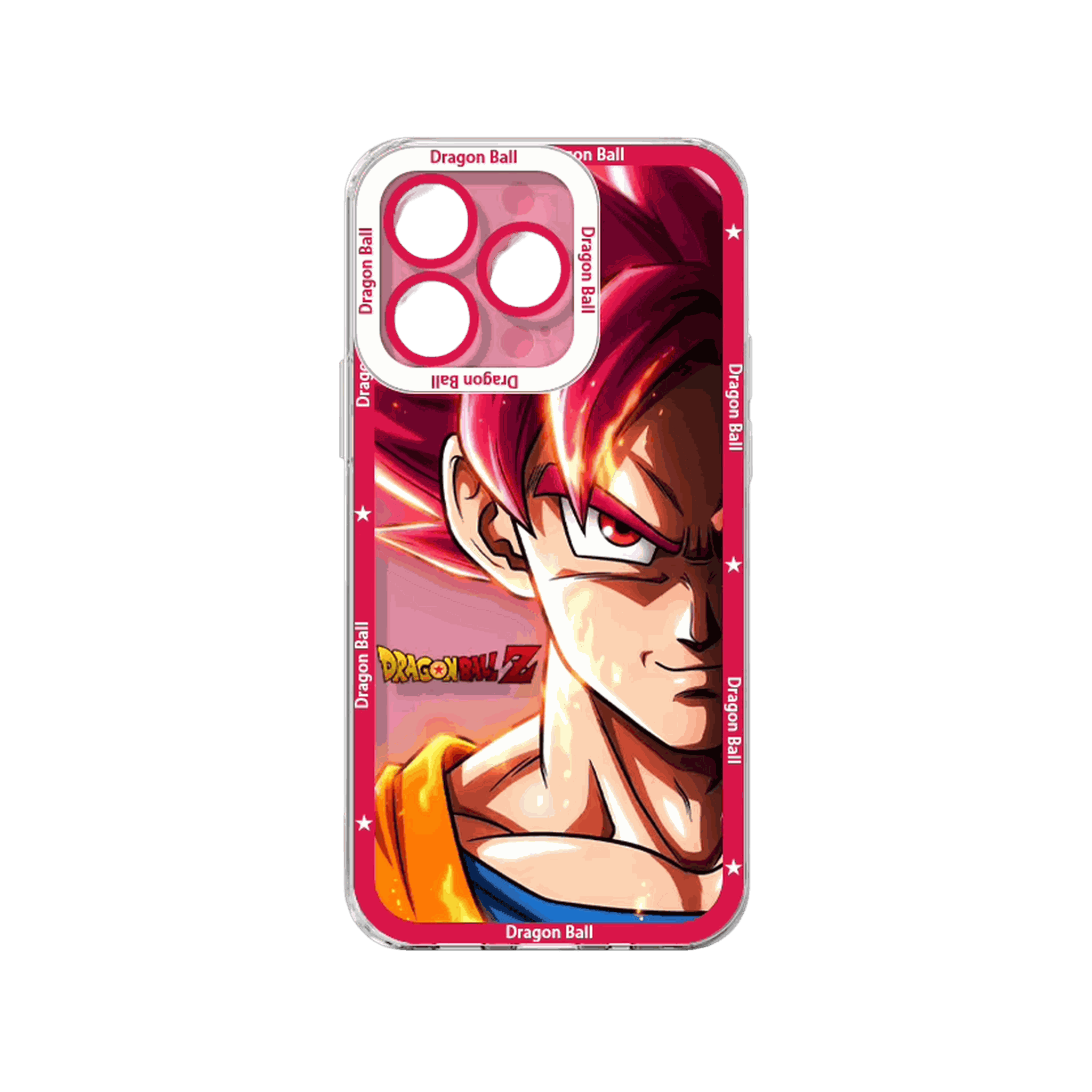 Coque iPhone Dragon Ball illustrant Goku Super Saiyan God sur un panneau rouge