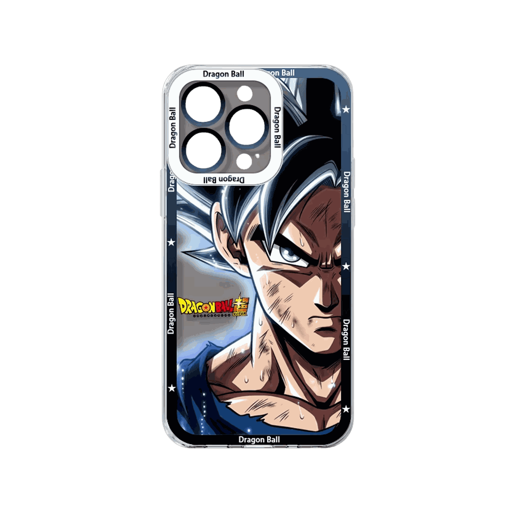 Coque iPhone Dragon Ball illustrant Goku Ultra Instinct — Signe sur un panneau gris bleuté