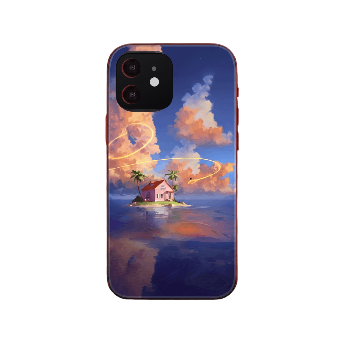 Coque iPhone Dragon Ball illustrant la Kame House sur son île au soleil couchant, avec le Nuage Magique dans le ciel