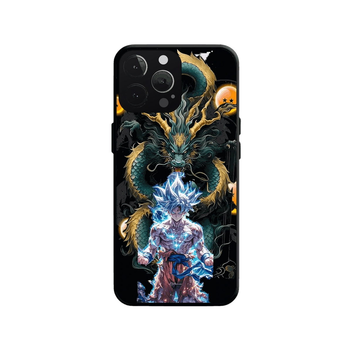 Coque iPhone Dragon Ball illustrant shenron et l'énergie en dominante vert et or