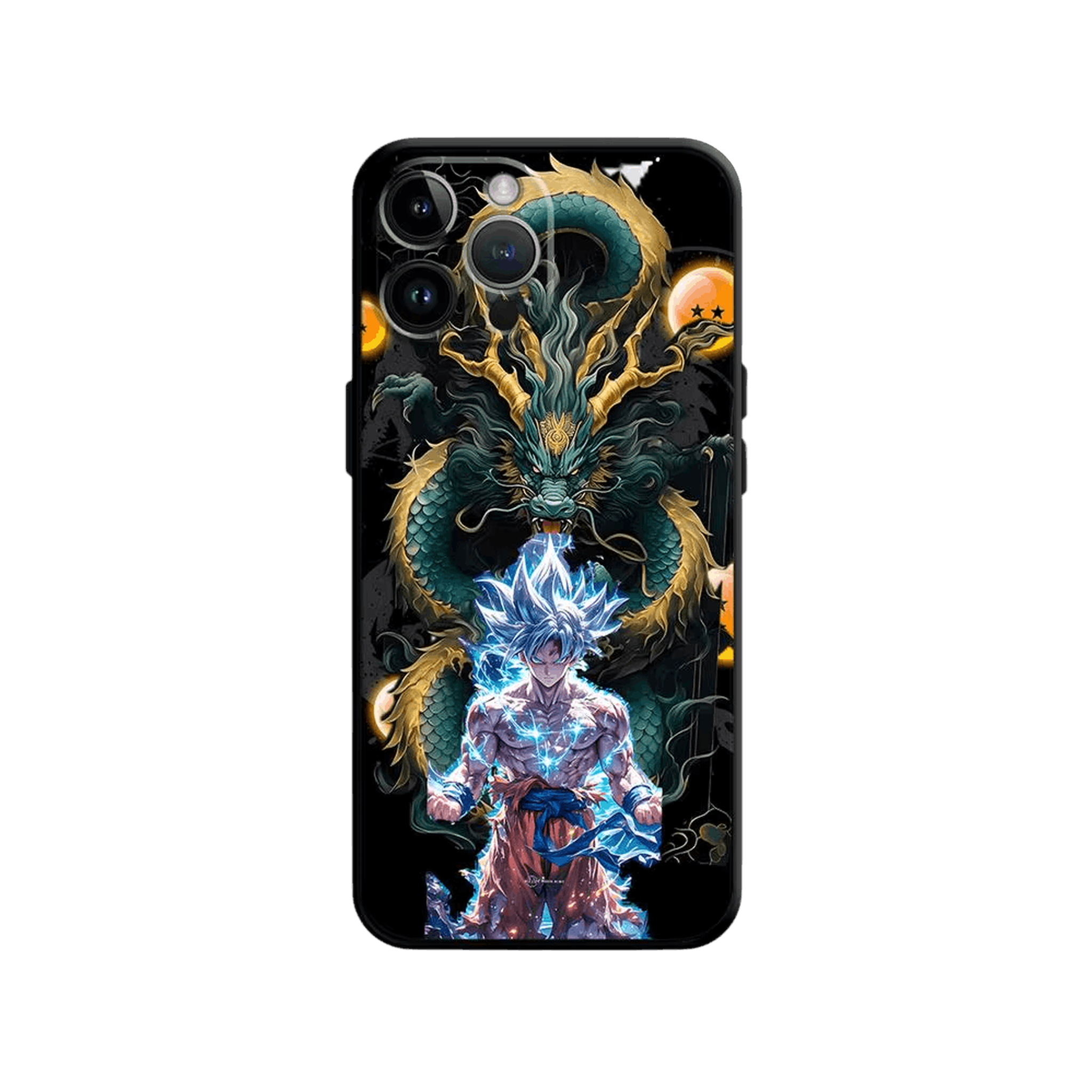 Coque iPhone Dragon Ball illustrant shenron et l'énergie en dominante vert et or