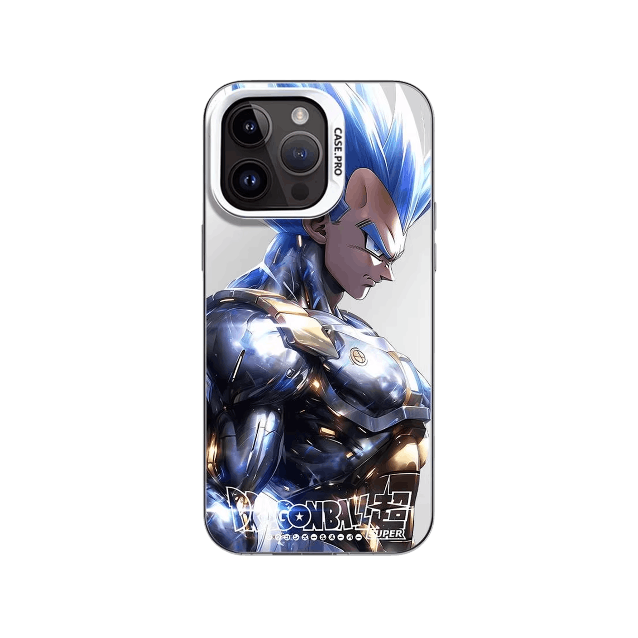 Coque iPhone Dragon Ball illustrant vegeta super saiyan blue en dominante bleu