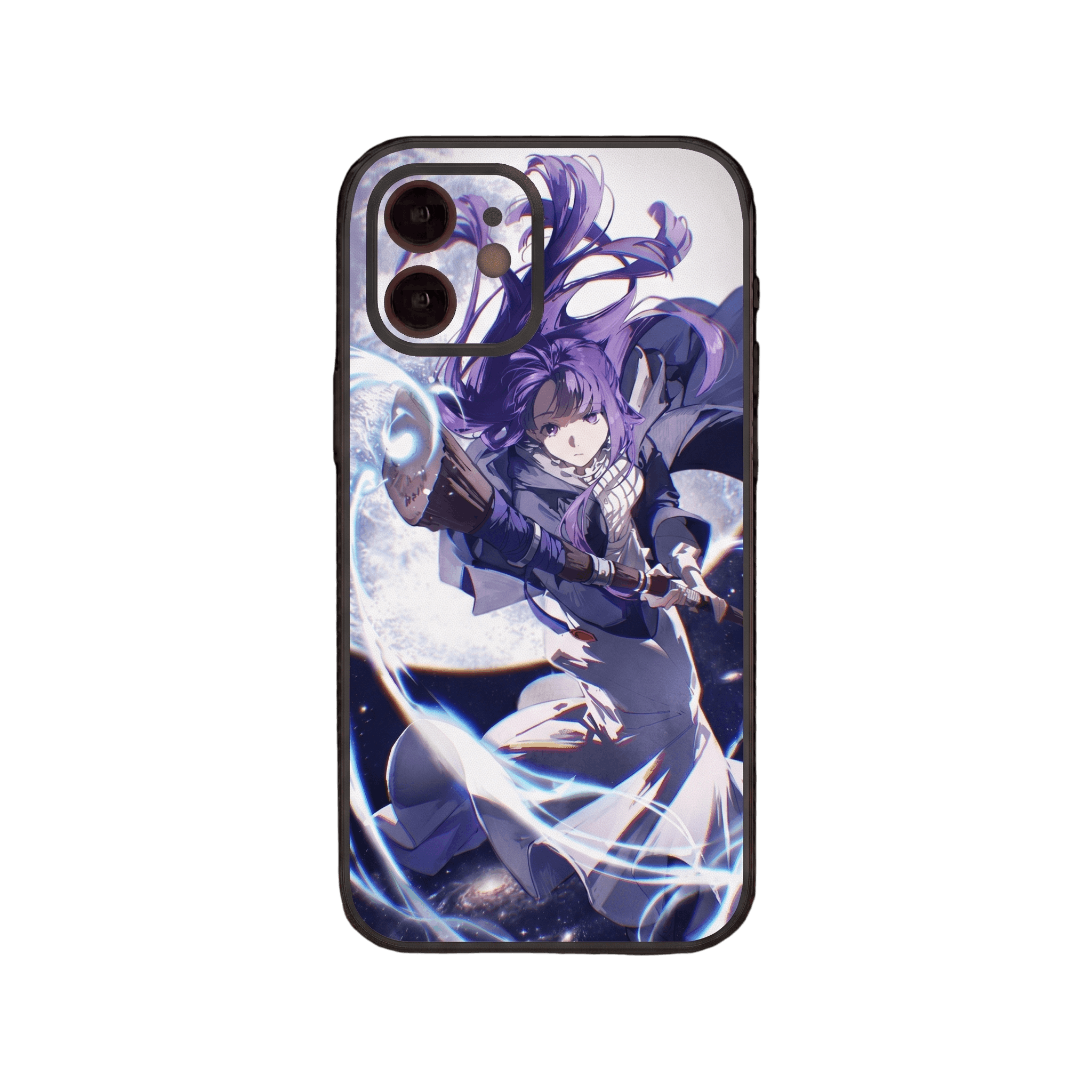 Coque iPhone Frieren illustrant Fern lançant un sort lumineux bleu devant une pleine lune sur fond d'étoiles
