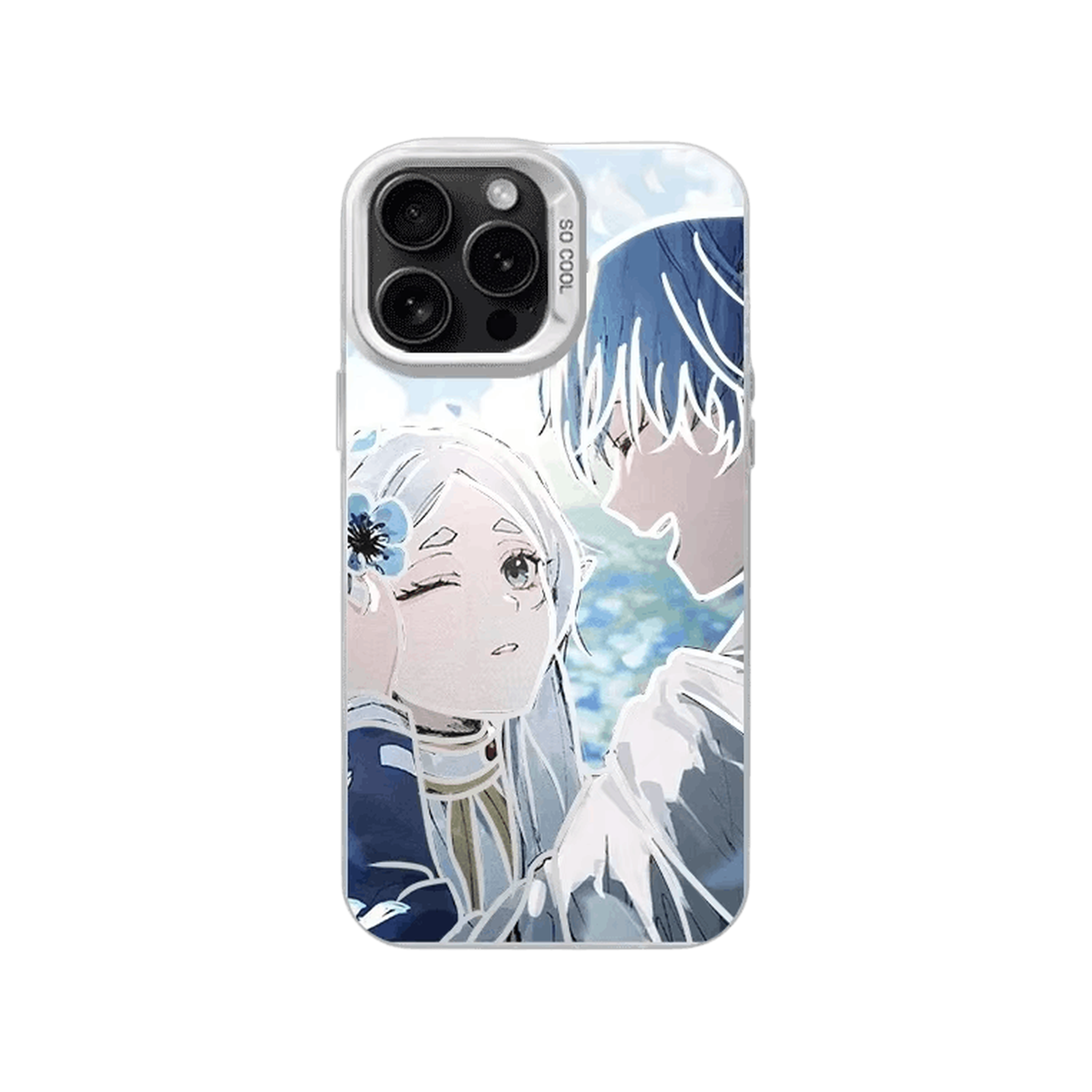 Coque iPhone Frieren – Frieren et Himmel, Face à Face, dominante bleu ciel