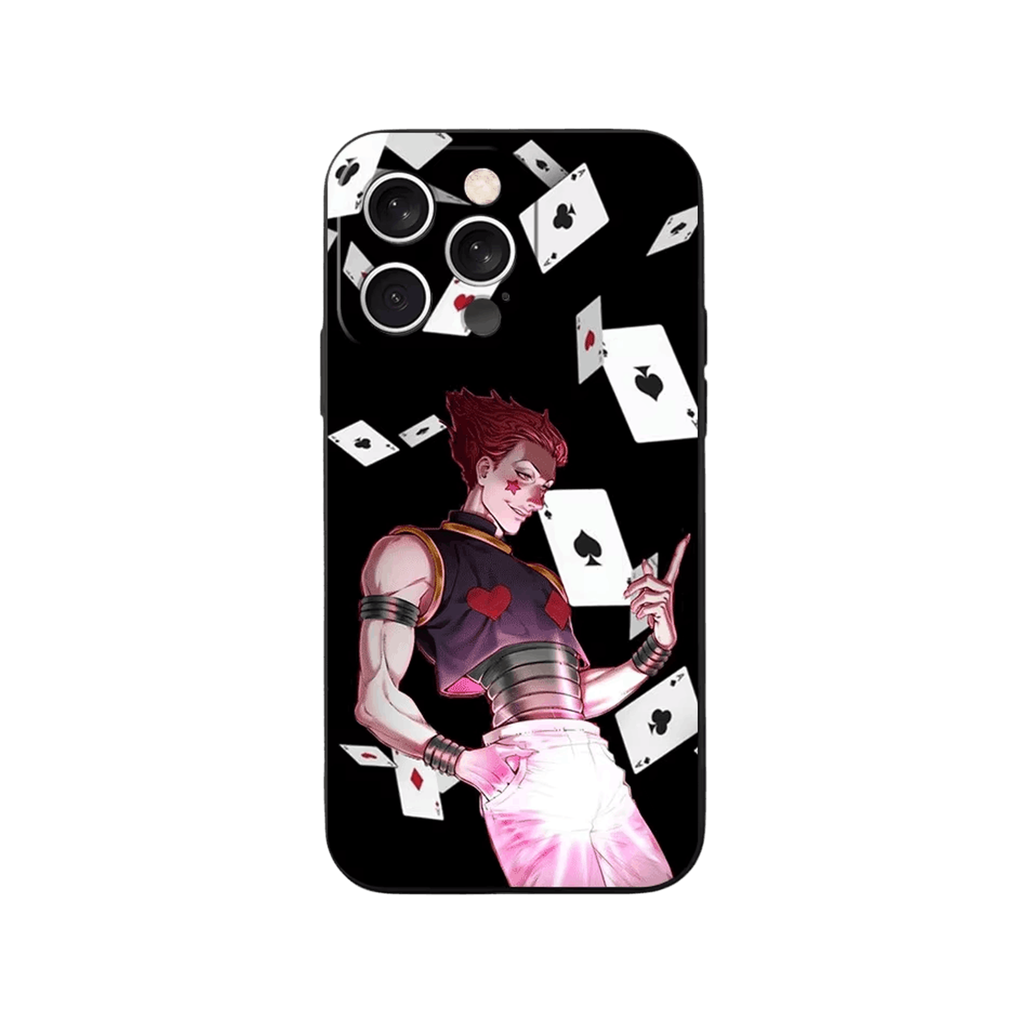 Coque iPhone Hunter x Hunter – Hisoka, Pluie de Cartes, dominante noir et rose
