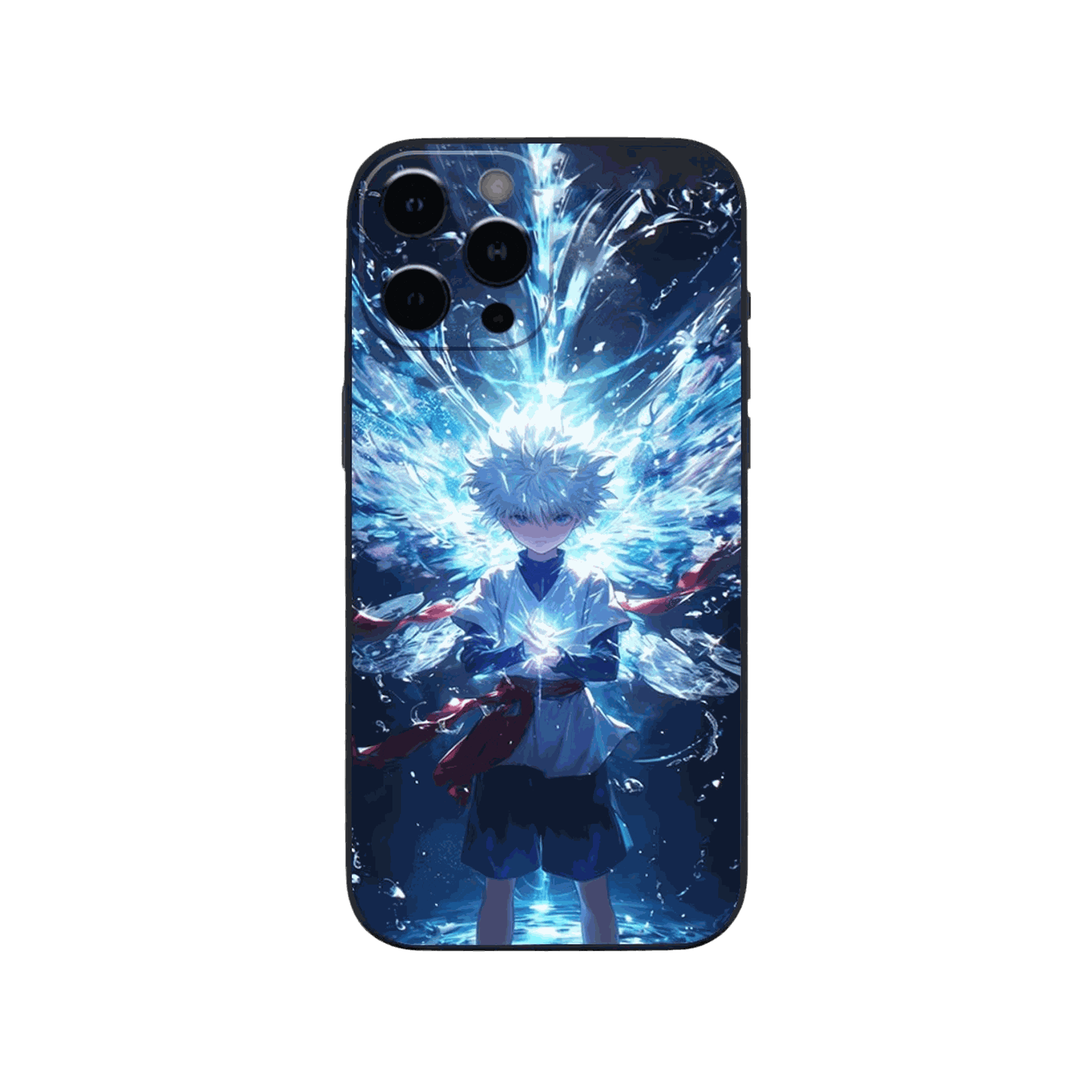 Coque iPhone Hunter x Hunter – Killua, Aura Céleste, dominante bleu clair