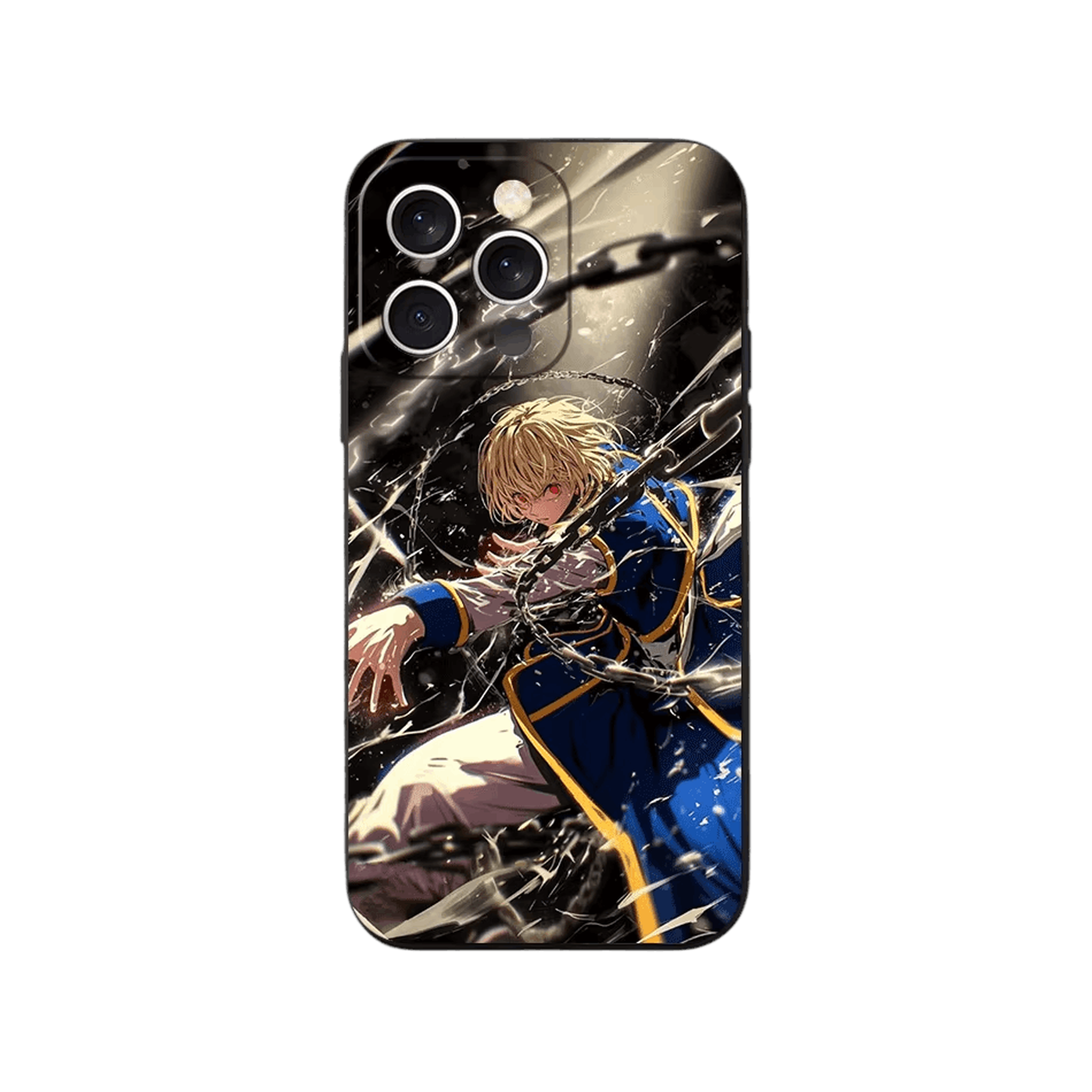 Coque iPhone Hunter x Hunter – Kurapika, Chaîne de Lumière, dominante doré et bleu