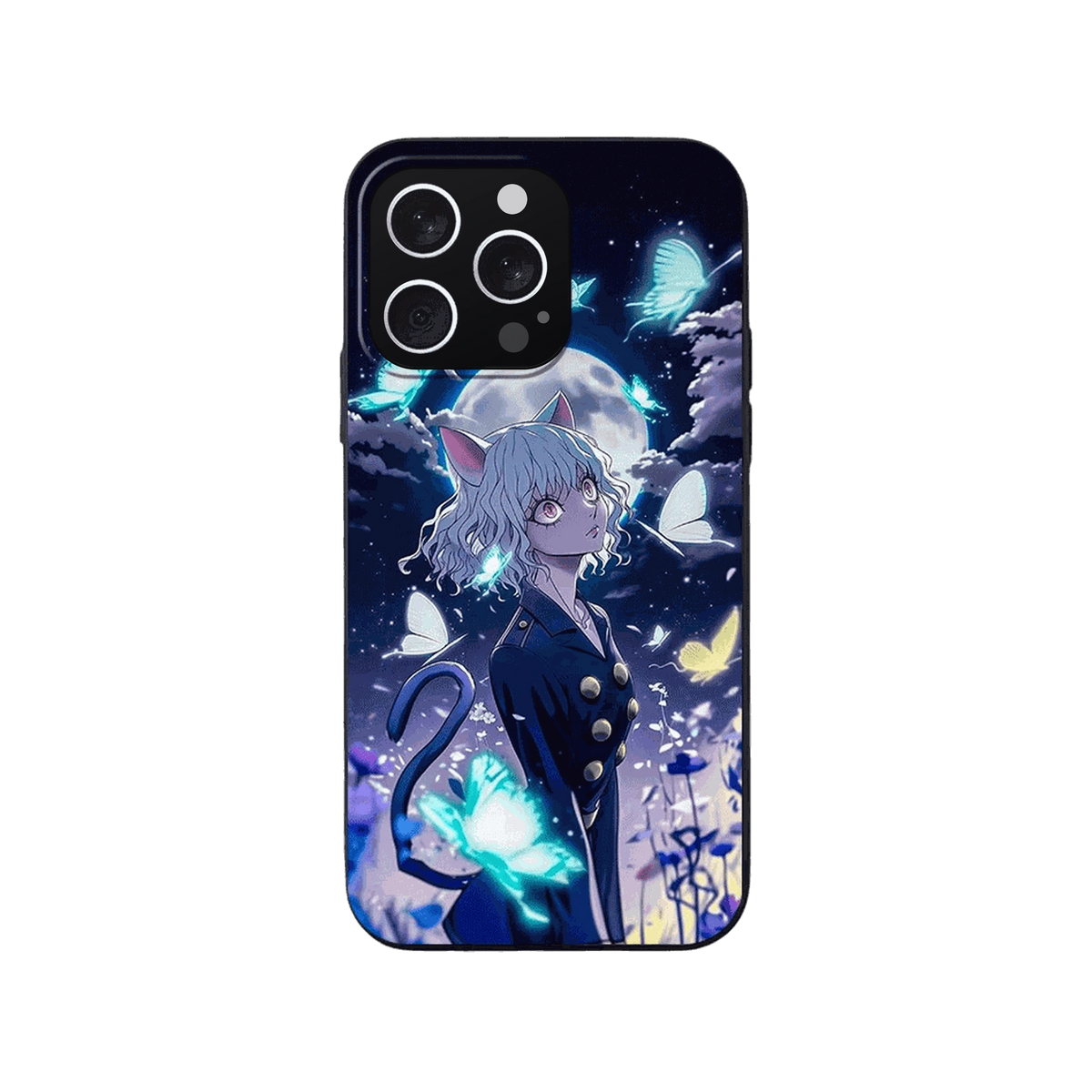 Coque iPhone Hunter x Hunter – Pitou et les Papillons, dominante bleu nuit