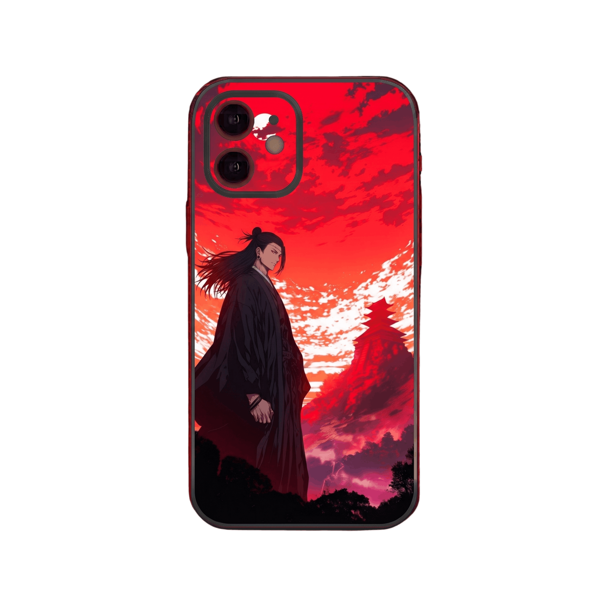 Coque iPhone Jujutsu Kaisen illustrant Geto Suguru de profil en robe noire sur un ciel écarlate avec une toiture de temple