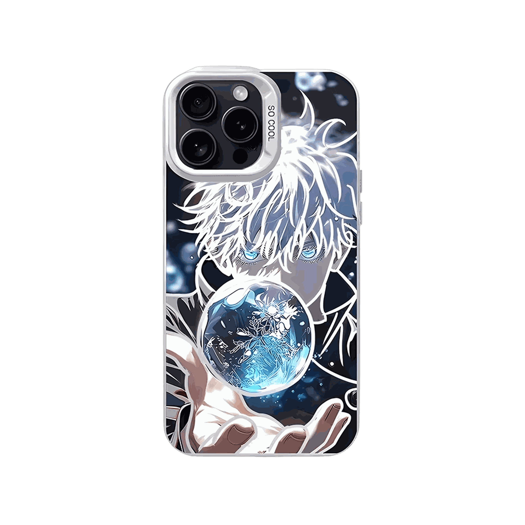 Coque iPhone Jujutsu Kaisen – Gojo, Sphère Bleue, dominante bleu glacier