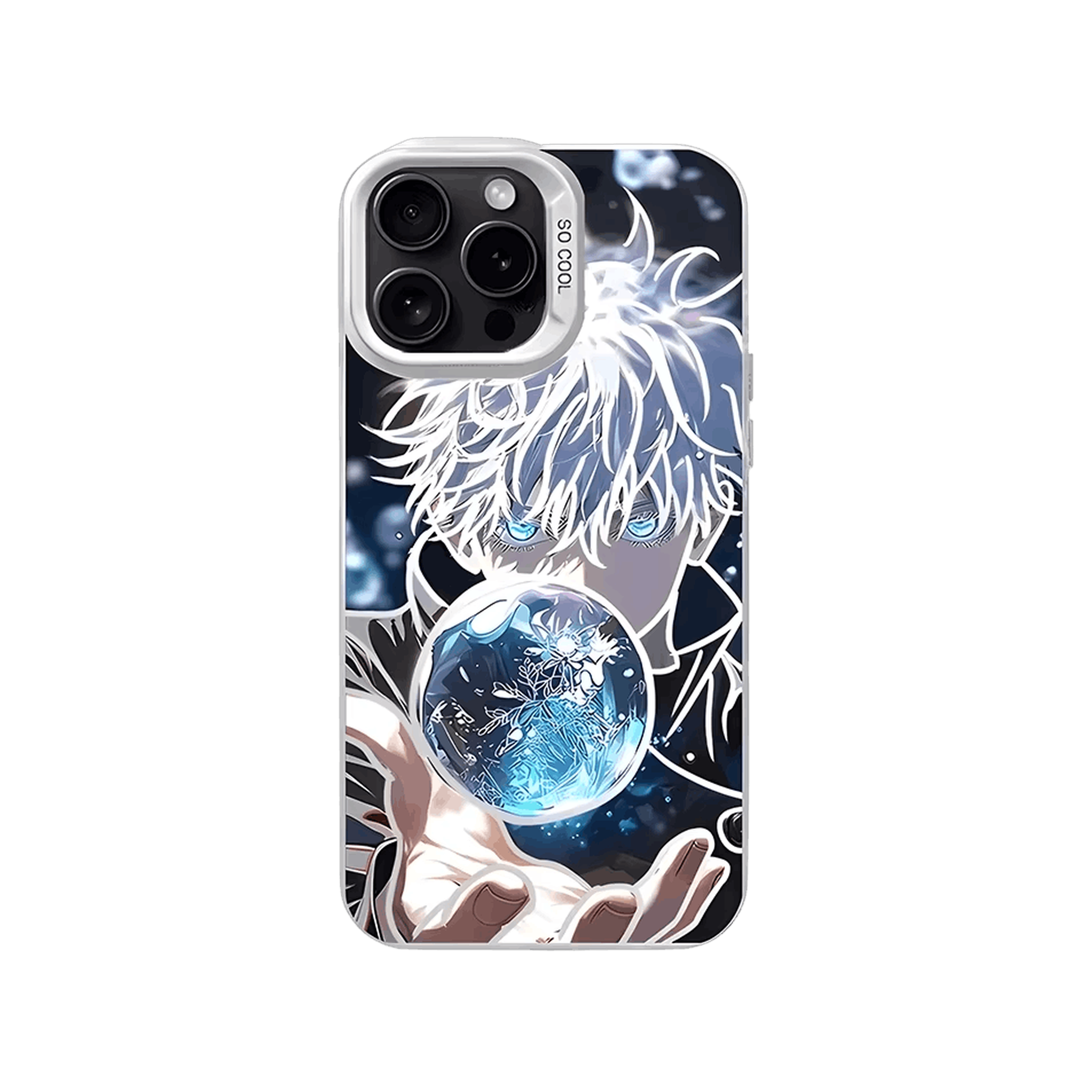 Coque iPhone Jujutsu Kaisen – Gojo, Sphère Bleue, dominante bleu glacier