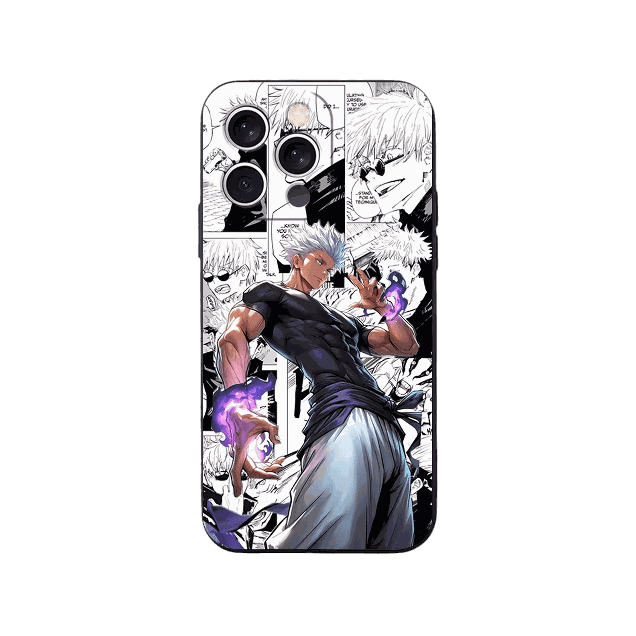 Coque iPhone Jujutsu Kaisen – Gojo, les Deux Mains, dominante violet et gris