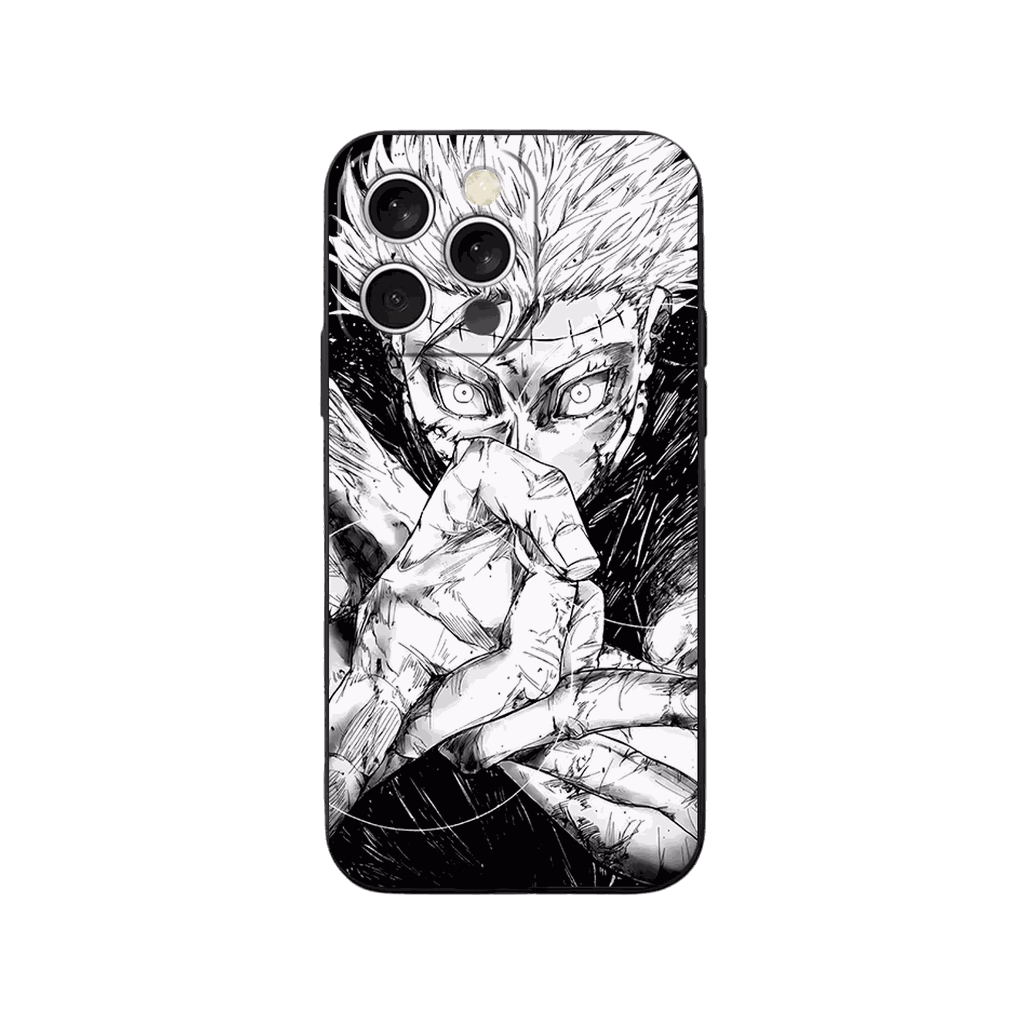 Coque iPhone Jujutsu Kaisen – Gojo à l'Encre Sèche, dominante noir et blanc
