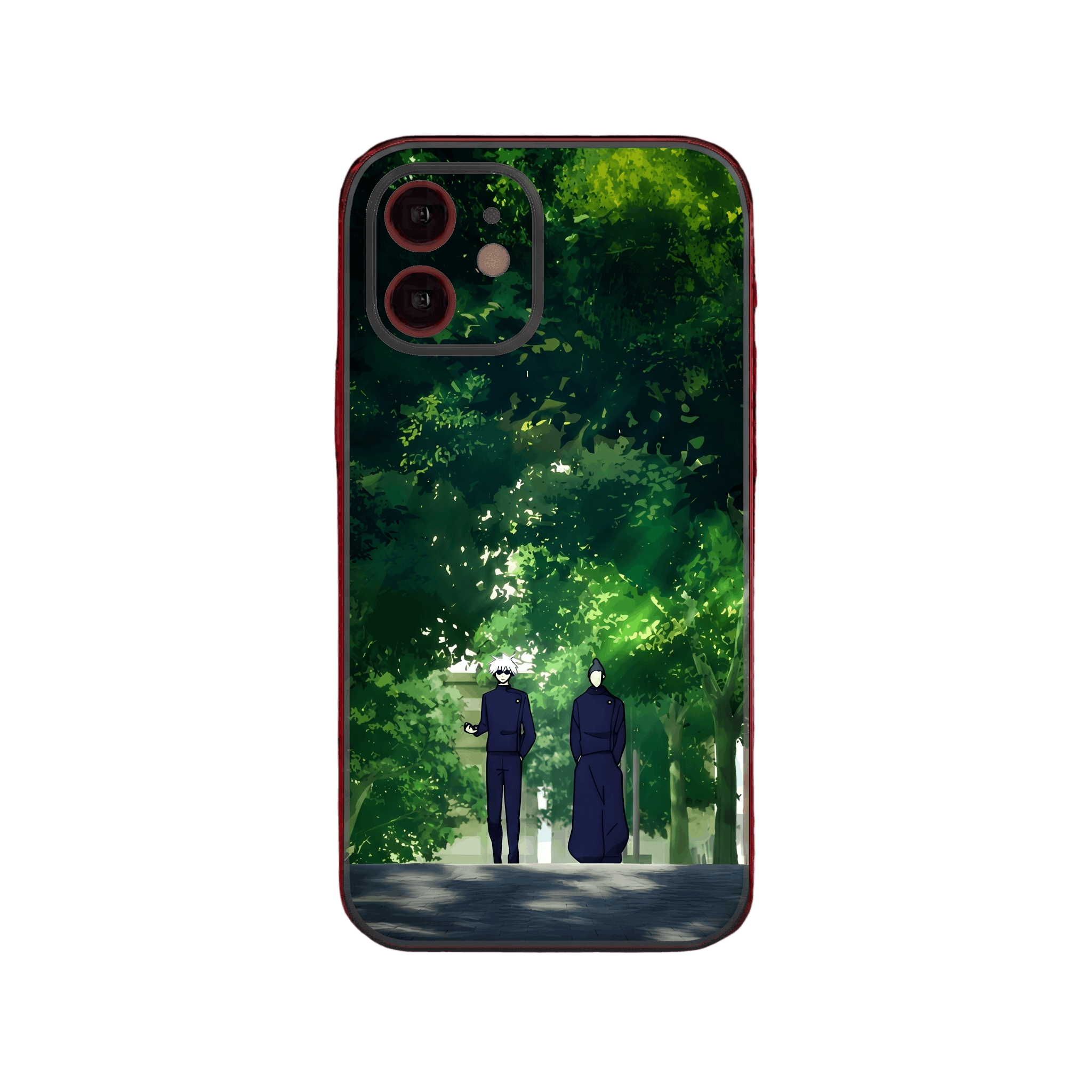 Coque iPhone Jujutsu Kaisen illustrant Gojo et Geto en uniforme sombre marchant dans une allée bordée d'arbres en plein été