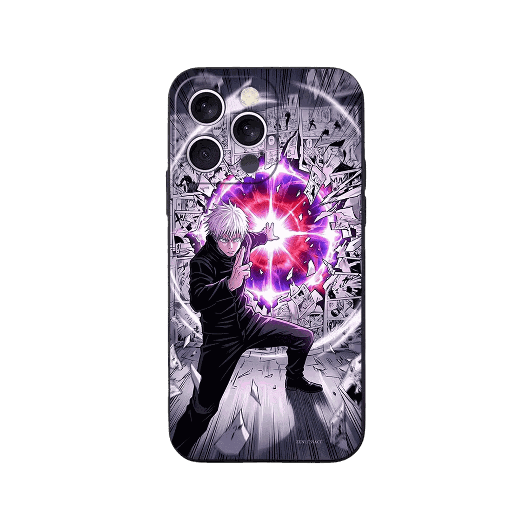 Coque iPhone Jujutsu Kaisen – Gojo, la Sphère Écarlate, dominante violet et rouge