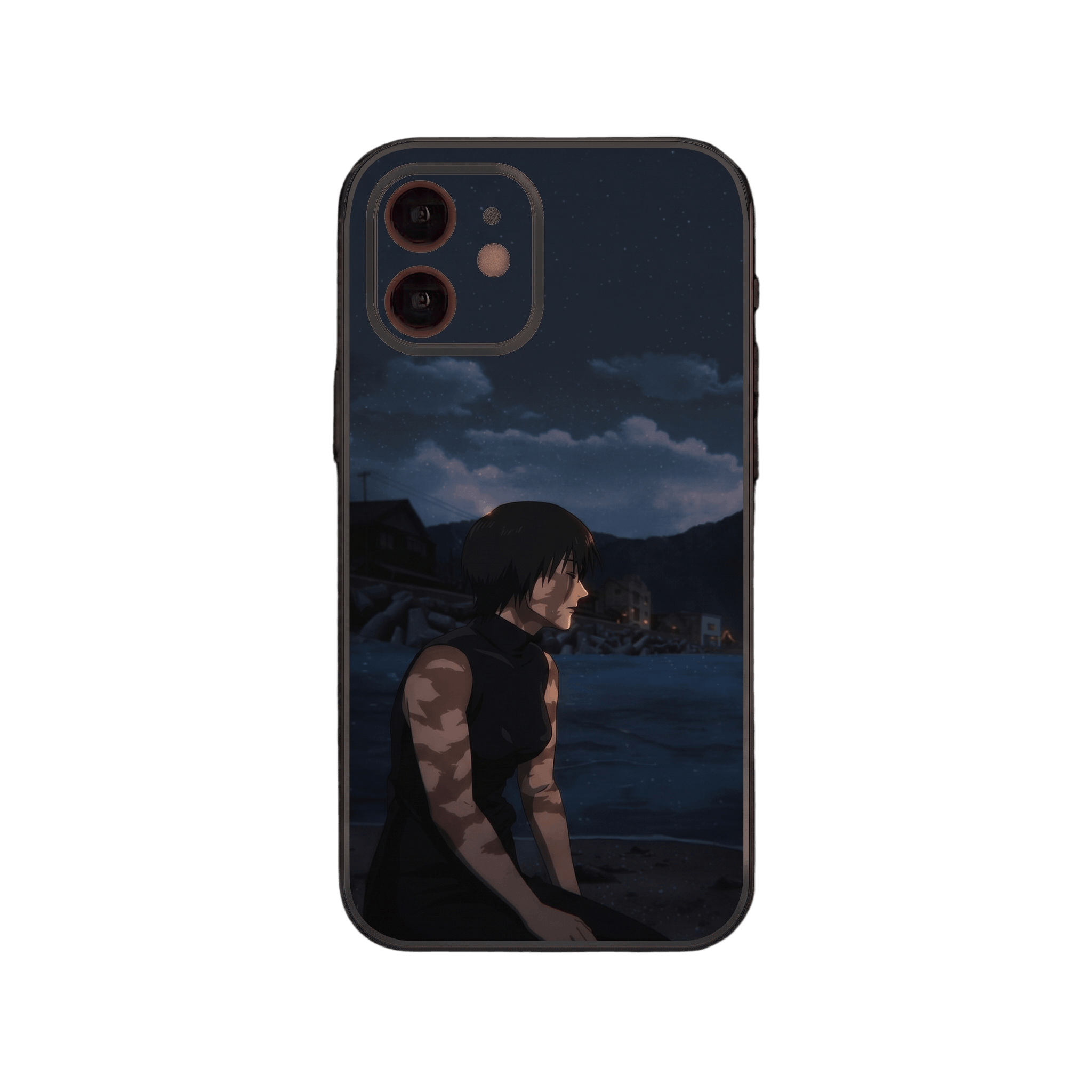 Coque iPhone Jujutsu Kaisen illustrant Maki assise au bord de l'eau la nuit, village éclairé et ciel étoilé en arrière-plan