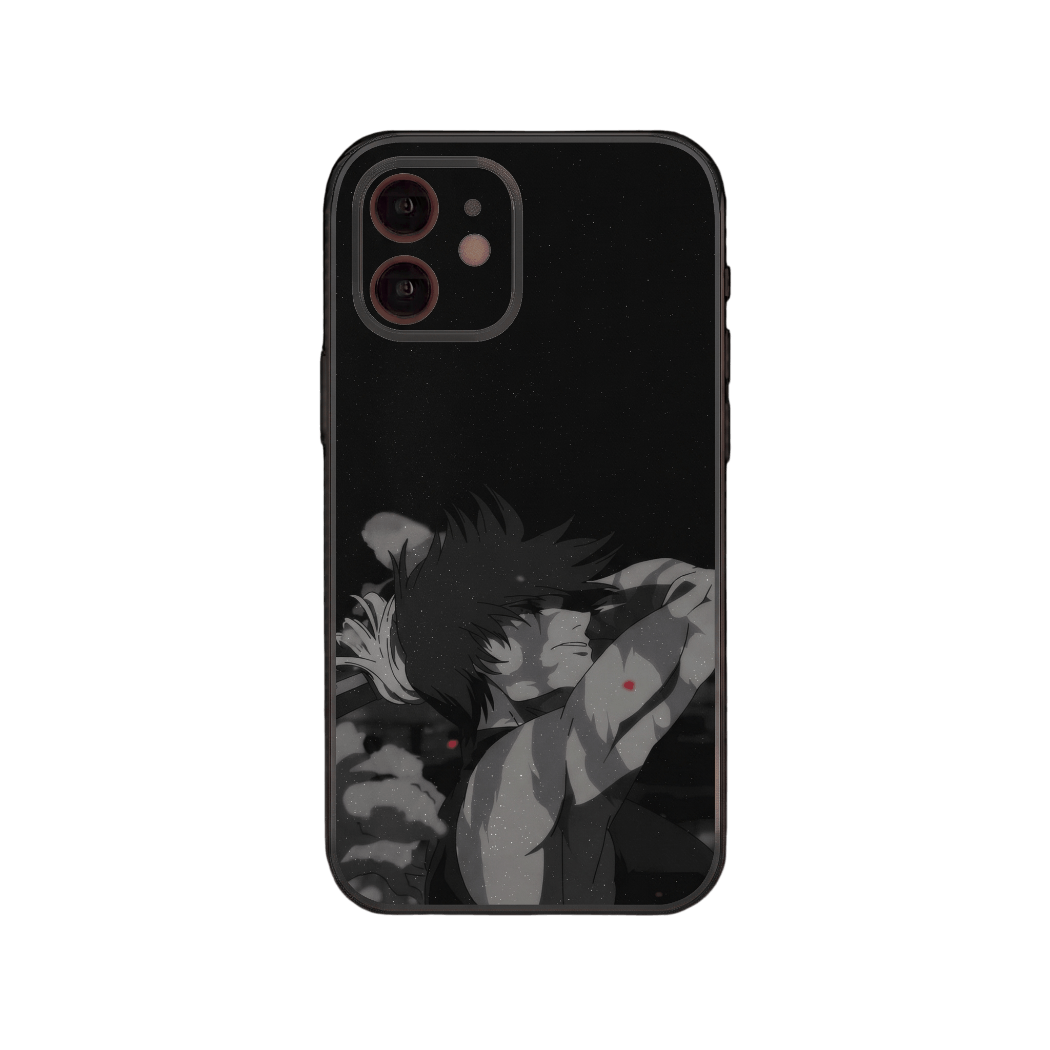 Coque iPhone Jujutsu Kaisen illustrant Maki Zenin en noir et blanc, avant-bras relevé devant le visage, deux touches de rouge