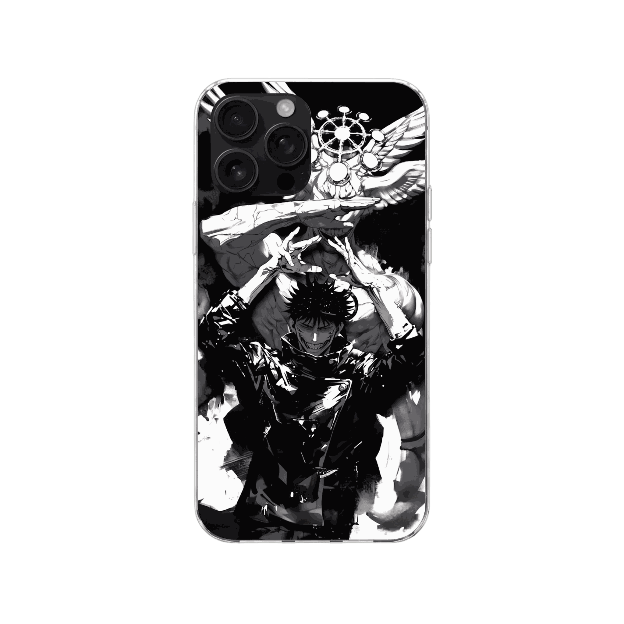 Coque iPhone Jujutsu Kaisen – Megumi et la Roue de Mahoraga, dominante noir et blanc