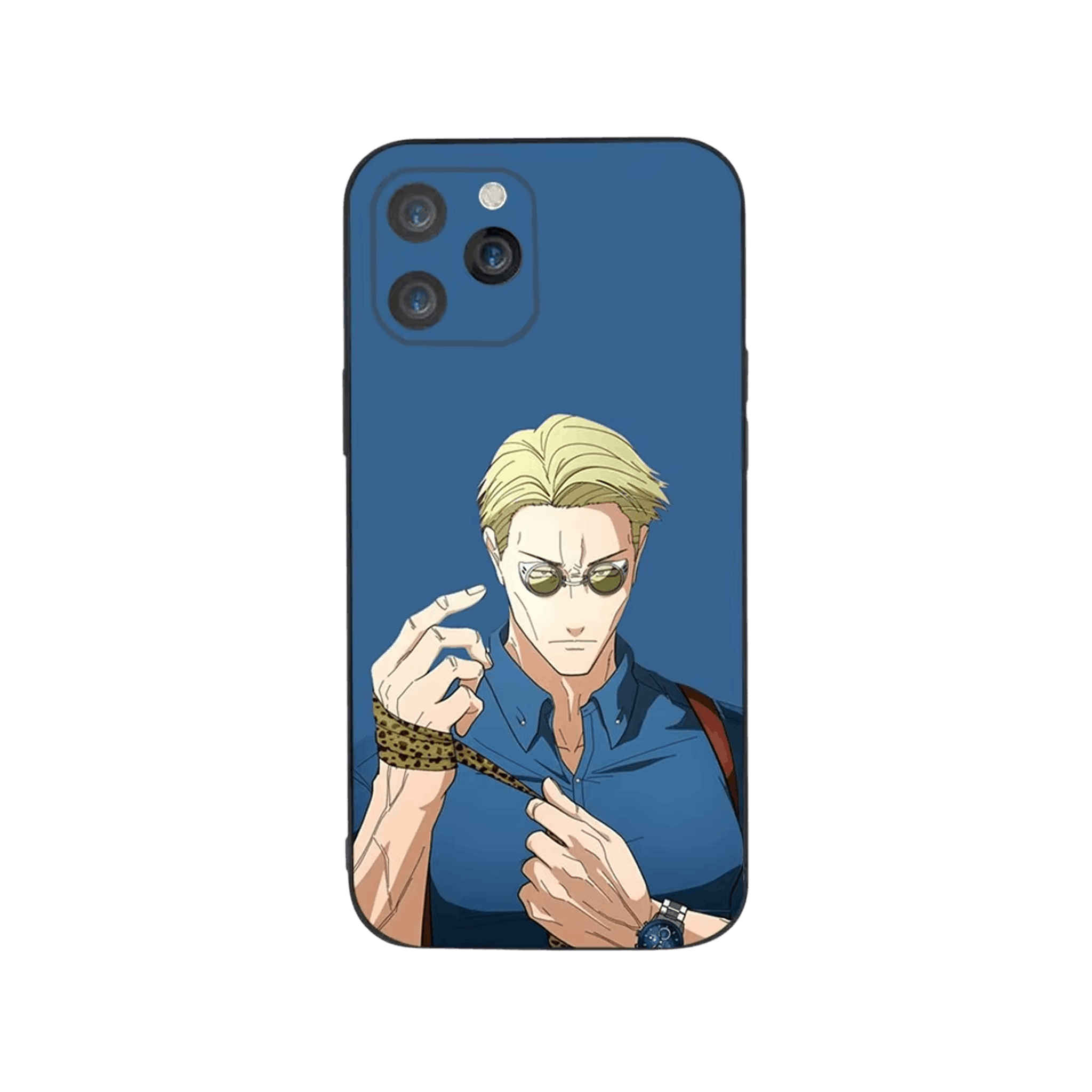 Coque iPhone Jujutsu Kaisen illustrant nanami sur bleu en dominante bleu