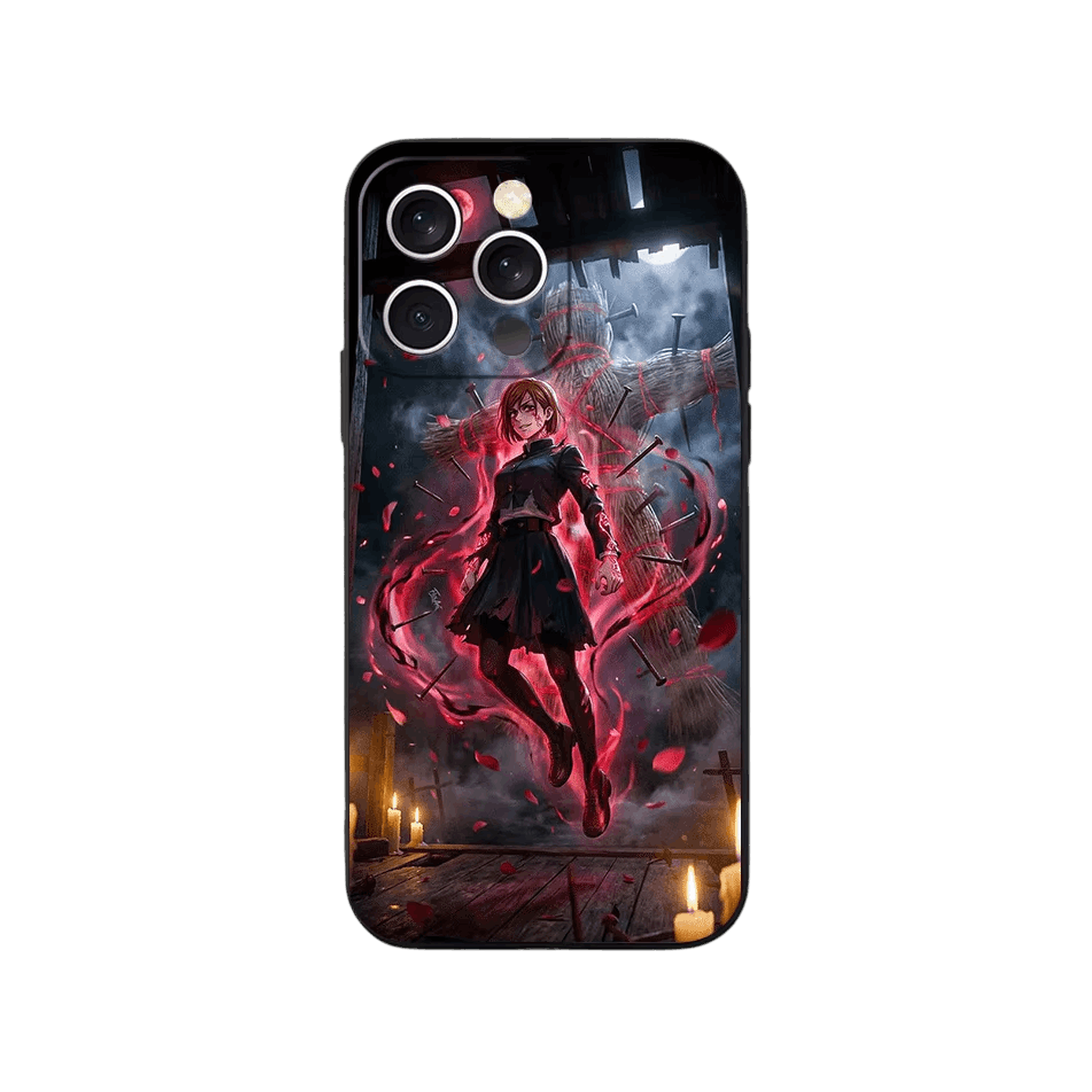 Coque iPhone Jujutsu Kaisen – Nobara et les Bougies, dominante rouge sombre