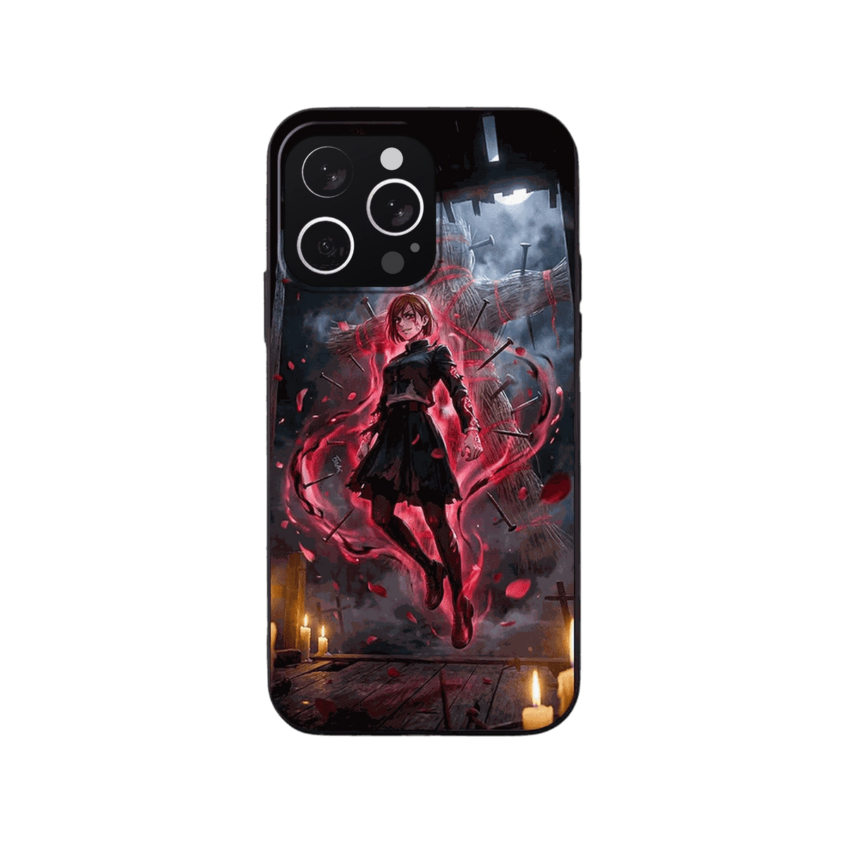 Coque iPhone Jujutsu Kaisen – Nobara et les Bougies, dominante rouge sombre