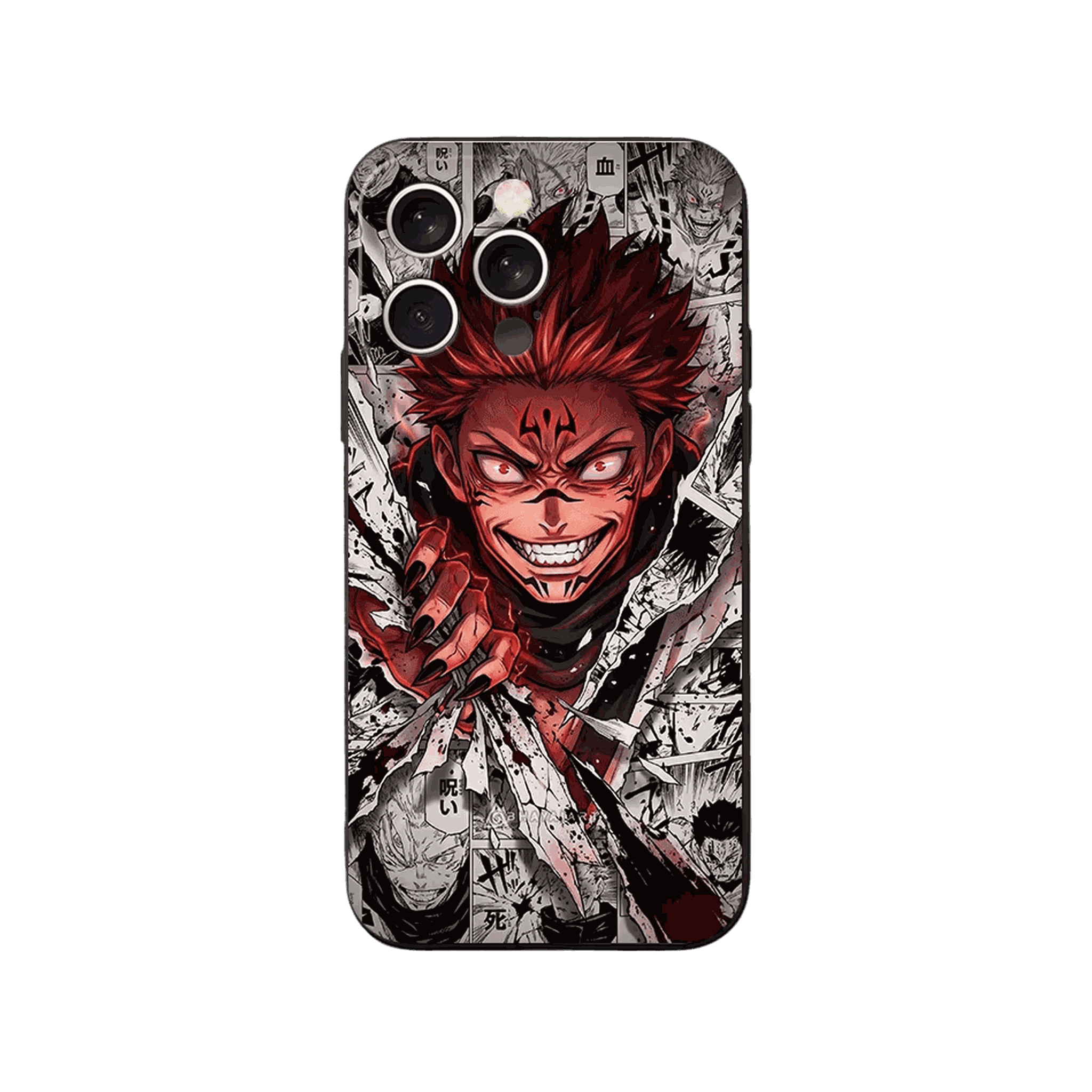 Coque iPhone Jujutsu Kaisen – Sukuna, Collage Manga, dominante rouge sur noir et blanc