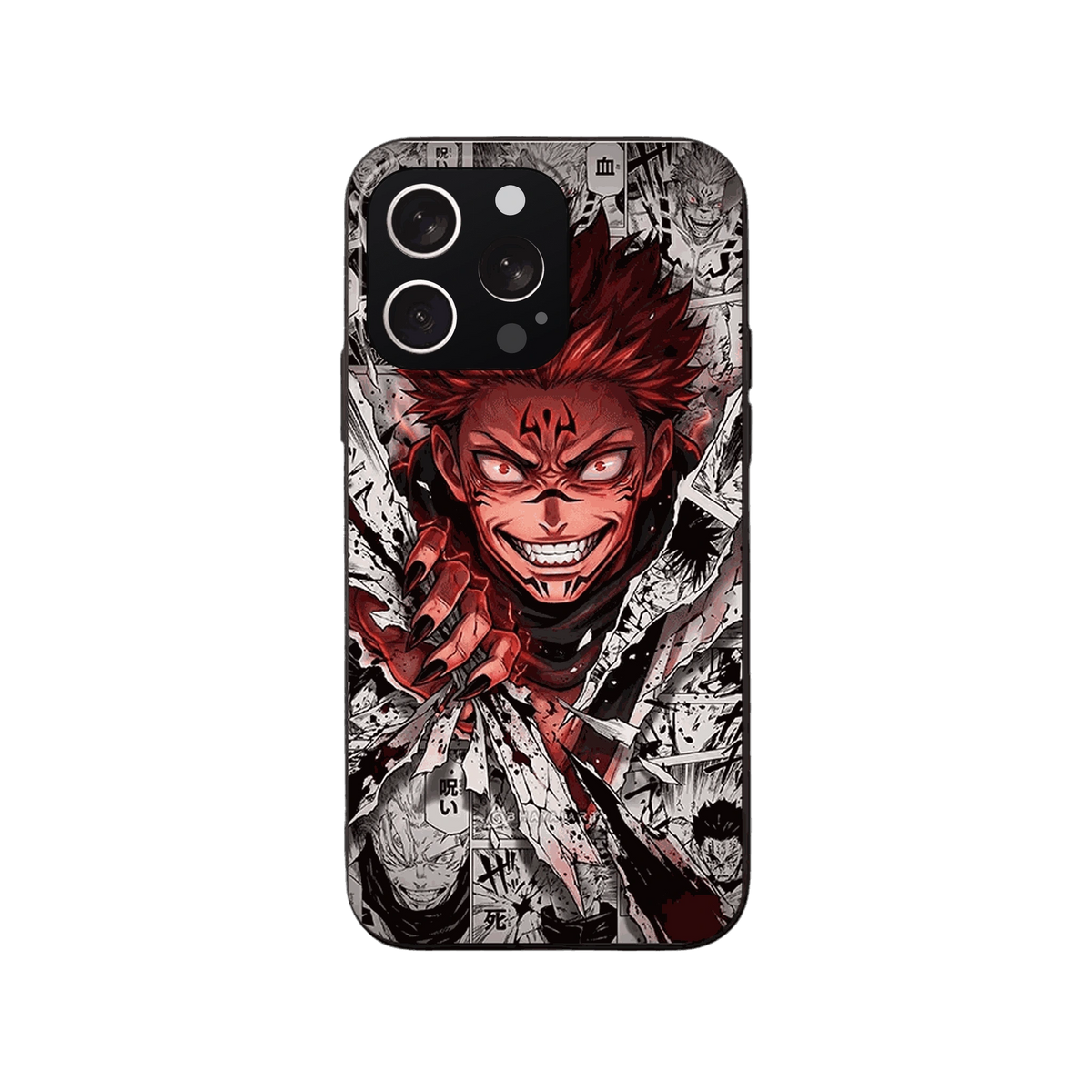 Coque iPhone Jujutsu Kaisen – Sukuna, Collage Manga, dominante rouge sur noir et blanc