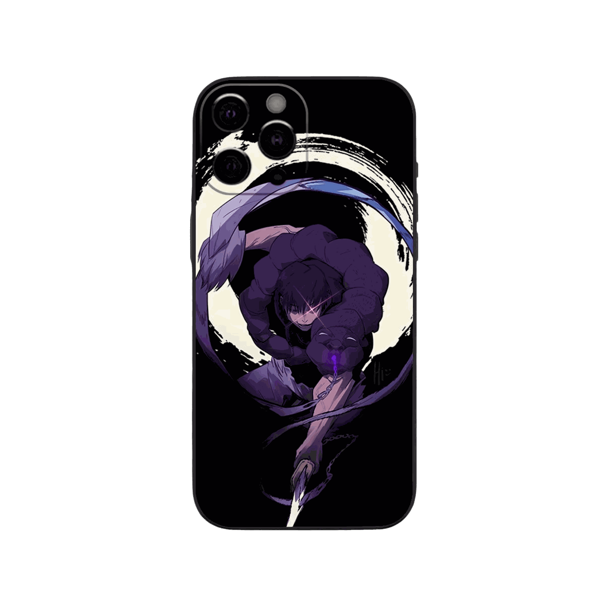 Coque iPhone Jujutsu Kaisen illustrant toji, cercle violet en dominante violet