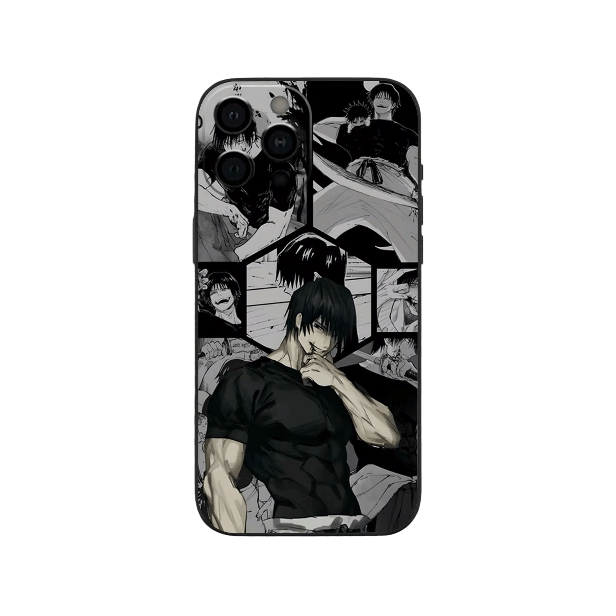 Coque iPhone Jujutsu Kaisen illustrant toji sur planches en dominante noir et blanc